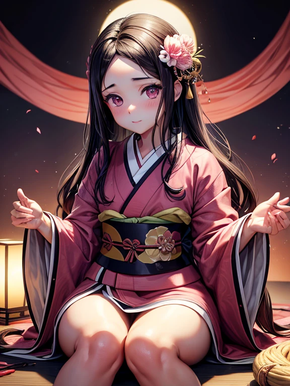 masterpiece, SEX (pink kimono), seductive face, good lighting, neckline, fine details, masterpiece, bright Eyes, 1girl, black hair, bite, bamboo, Nezuko Kamado, wisteria background, masterpiece, Best Quality, throw, whole body, Wide hips,