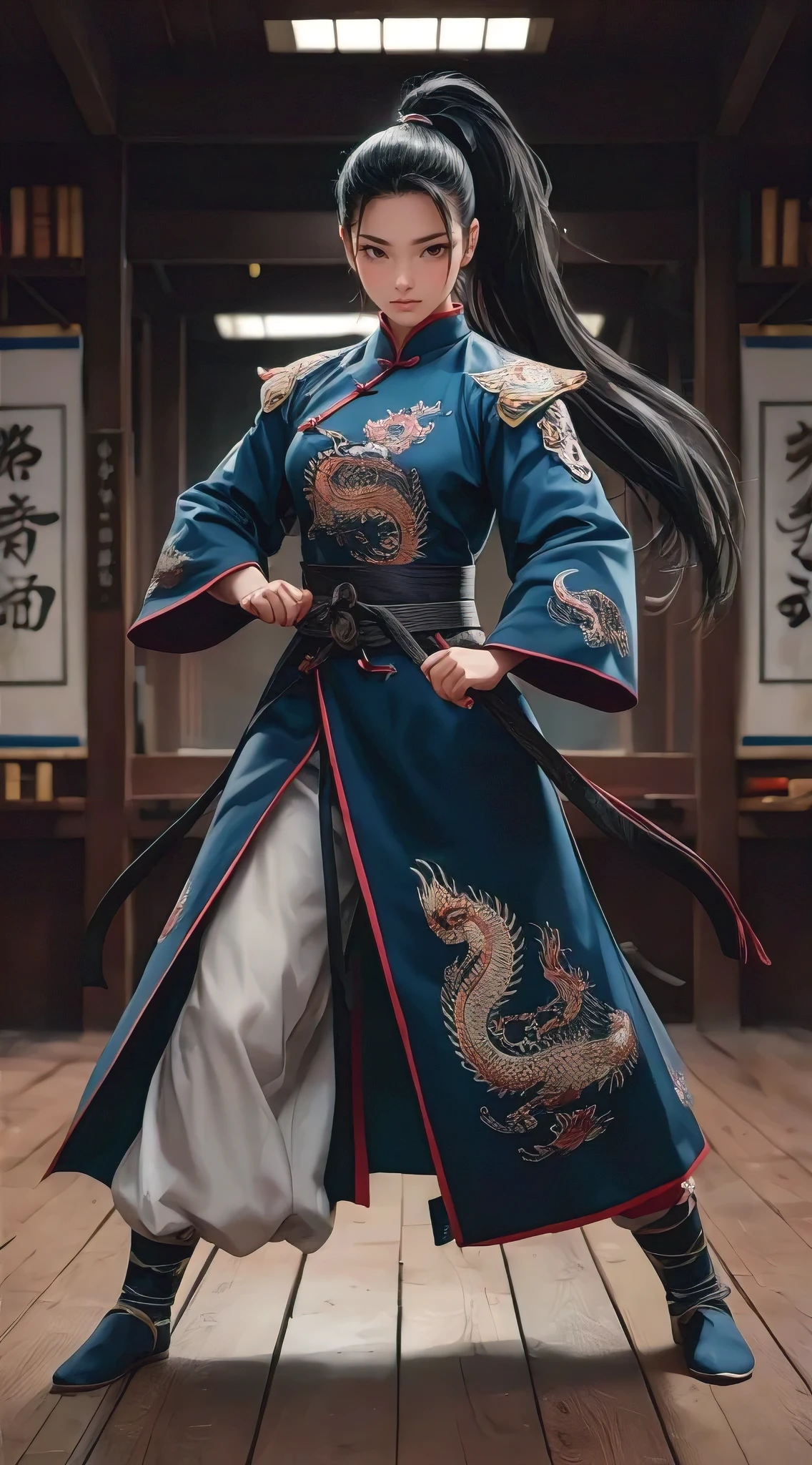 A striking photorealistic anime illustration of a female martial artist wearing a traditional Chinese qipao adorned with intricate dragon motifs. Her long, black hair is tied back in a high ponytail, and her intense eyes convey a deep focus. She stands confidently in a dojo, the wooden floor beneath her feet echoing the strength and mastery of her craft. Scrolls and martial arts paraphernalia are visible on the walls, further emphasizing her training and dedication.
