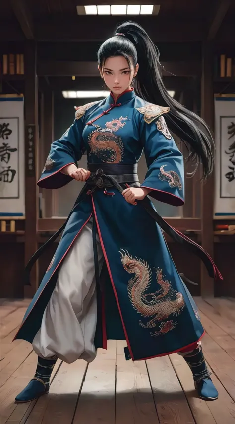 A striking photorealistic anime illustration of a female martial artist wearing a traditional Chinese qipao adorned with intrica...