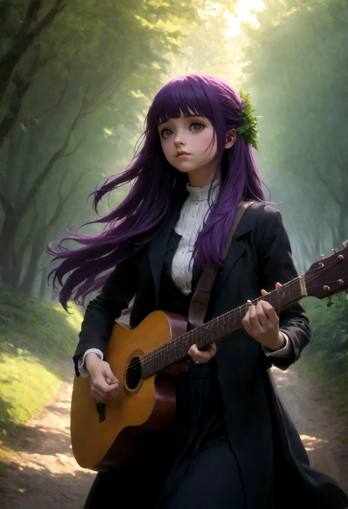 1girl, Fern, f3rn, FernFrieren, Frieren at the Funeral, Guitarist, country path, purple hair, long hair, dramatic composition, c...