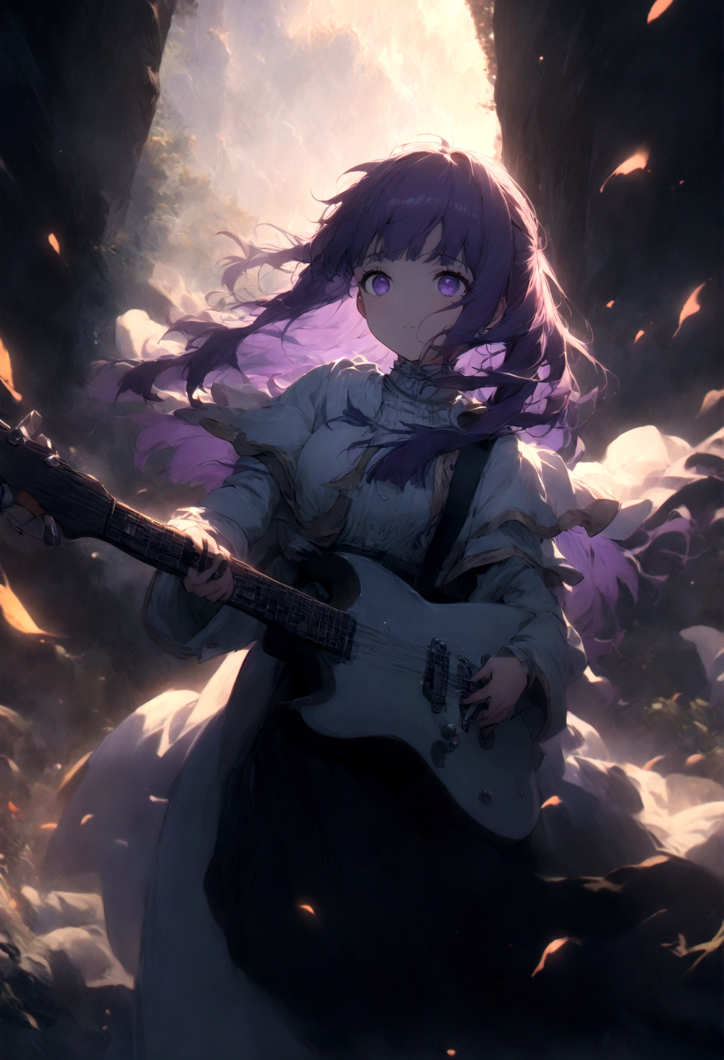 1girl, Fern, f3rn, FernFrieren, Frieren at the Funeral, Guitarist, country path, purple hair, long hair, dramatic composition, cinematic dynamic action scene, vibrant colors, cinematic lighting, dramatic lighting, best quality, masterpiece, very aesthetic, perfect composition, intricate details, ultra-detailed