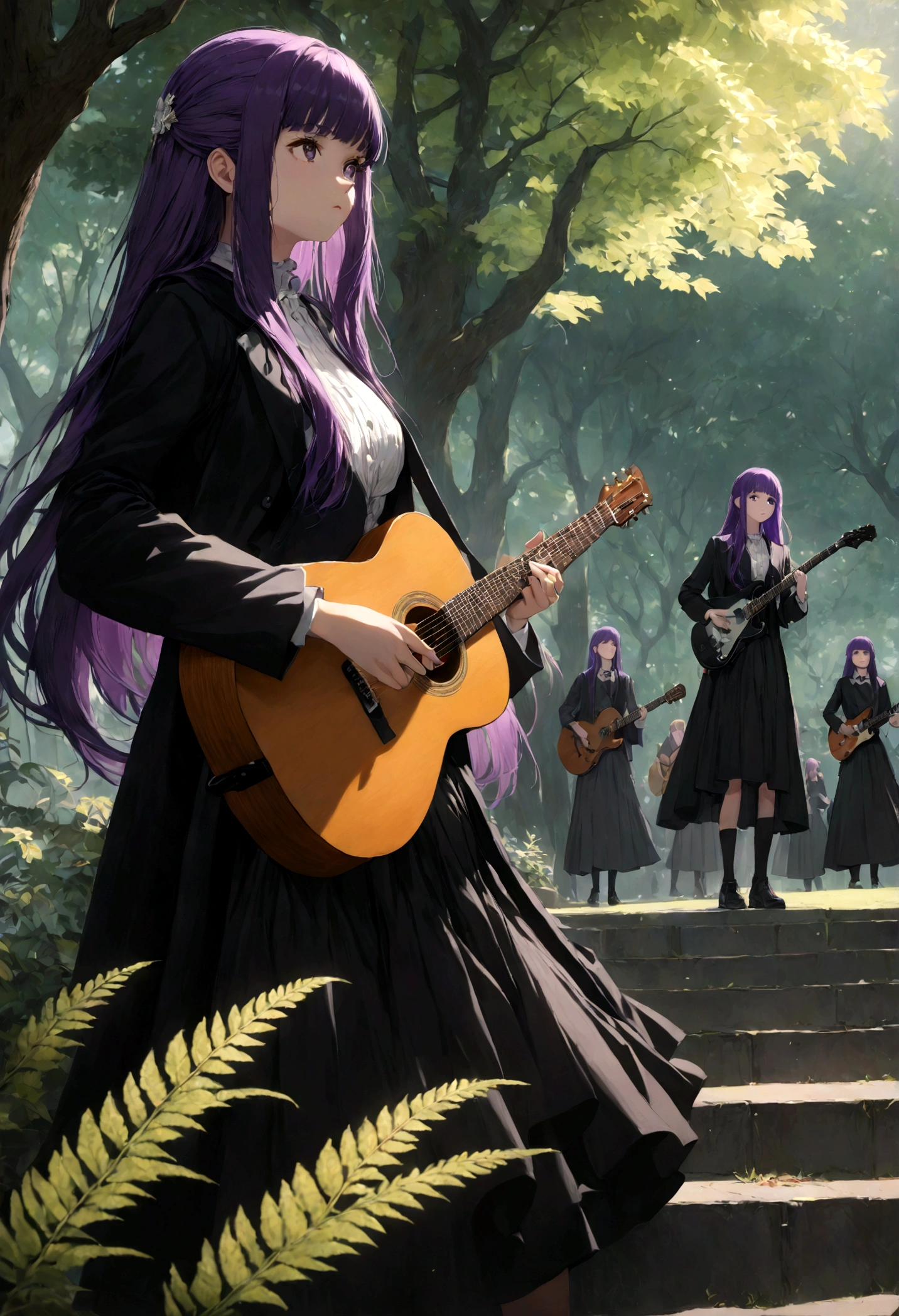 1girl, Fern, f3rn, FernFrieren, Frieren at the Funeral, Guitarist, park, purple hair, long hair, straight hair, dramatic composition, cinematic dynamic action scene, vibrant colors, cinematic lighting, dramatic lighting, best quality, masterpiece, very aesthetic, perfect composition, intricate details, ultra-detailed