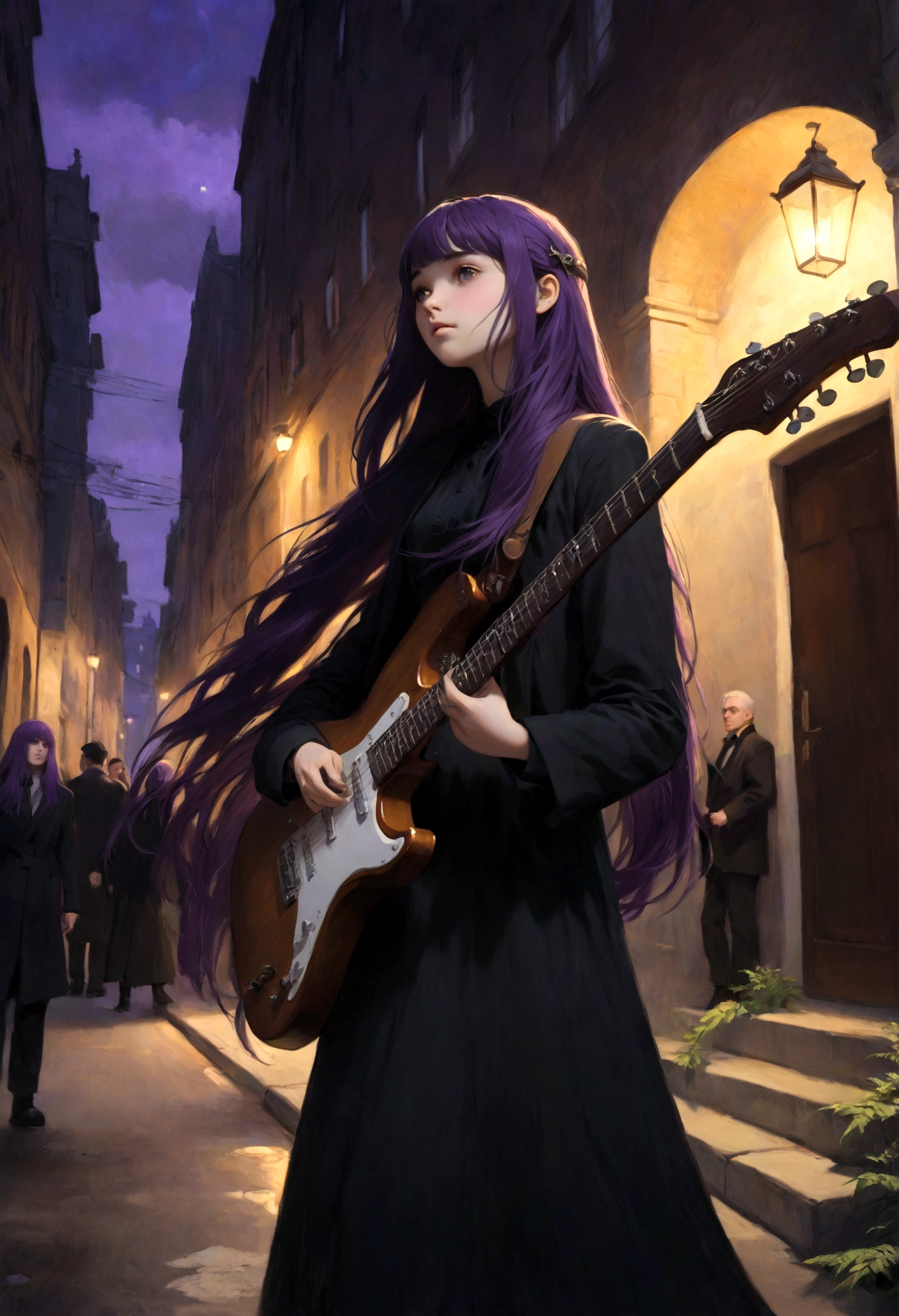 1girl, Fern, f3rn, FernFrieren, Frieren at the Funeral, Guitarist, street, purple hair, long hair, straight hair, dramatic composition, cinematic dynamic action scene, vibrant colors, cinematic lighting, dramatic lighting, best quality, masterpiece, very aesthetic, perfect composition, intricate details, ultra-detailed