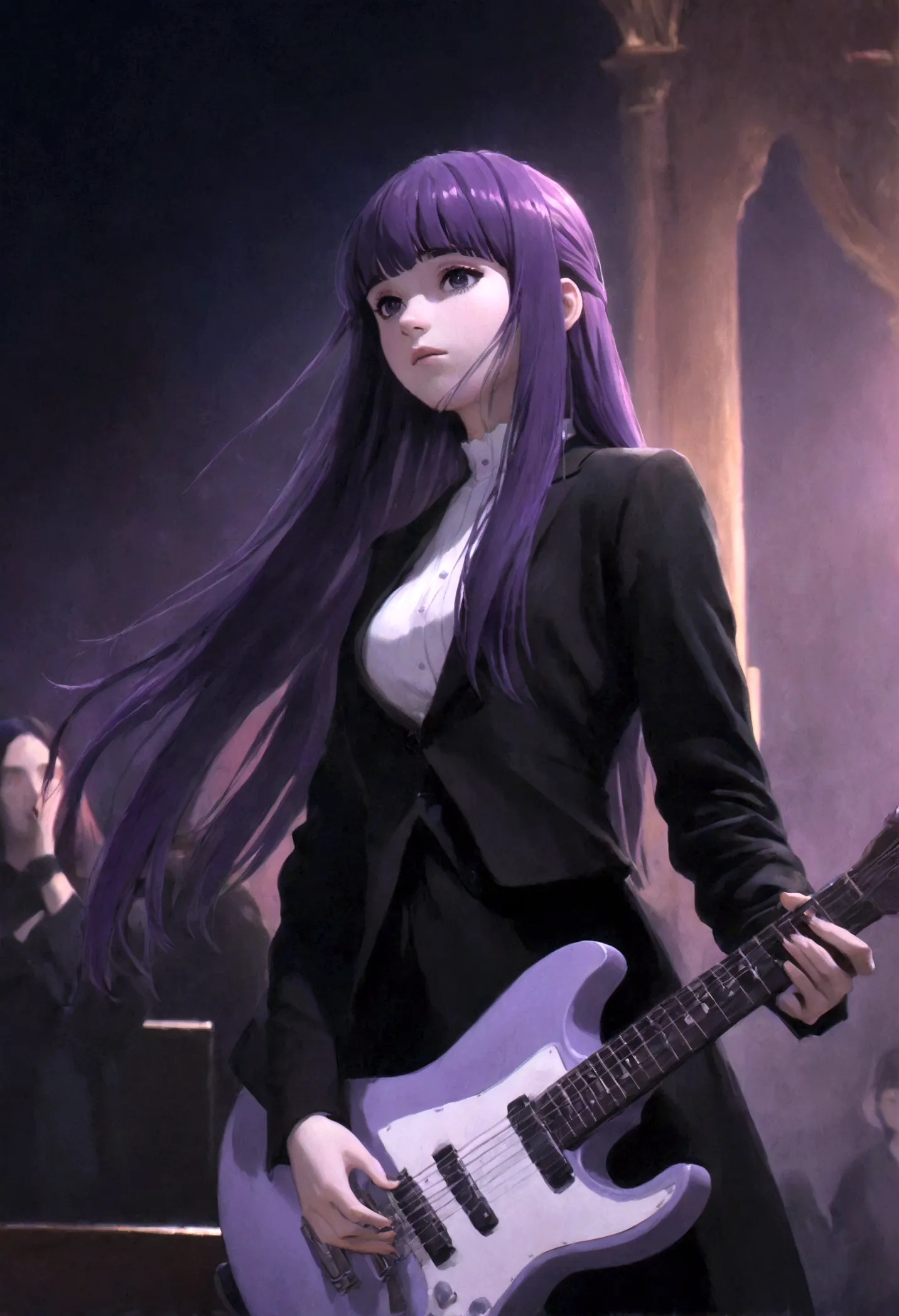 1girl, Fern, f3rn, FernFrieren, Frieren at the Funeral, Guitarist, stage, purple hair, long hair, straight hair, dramatic compos...