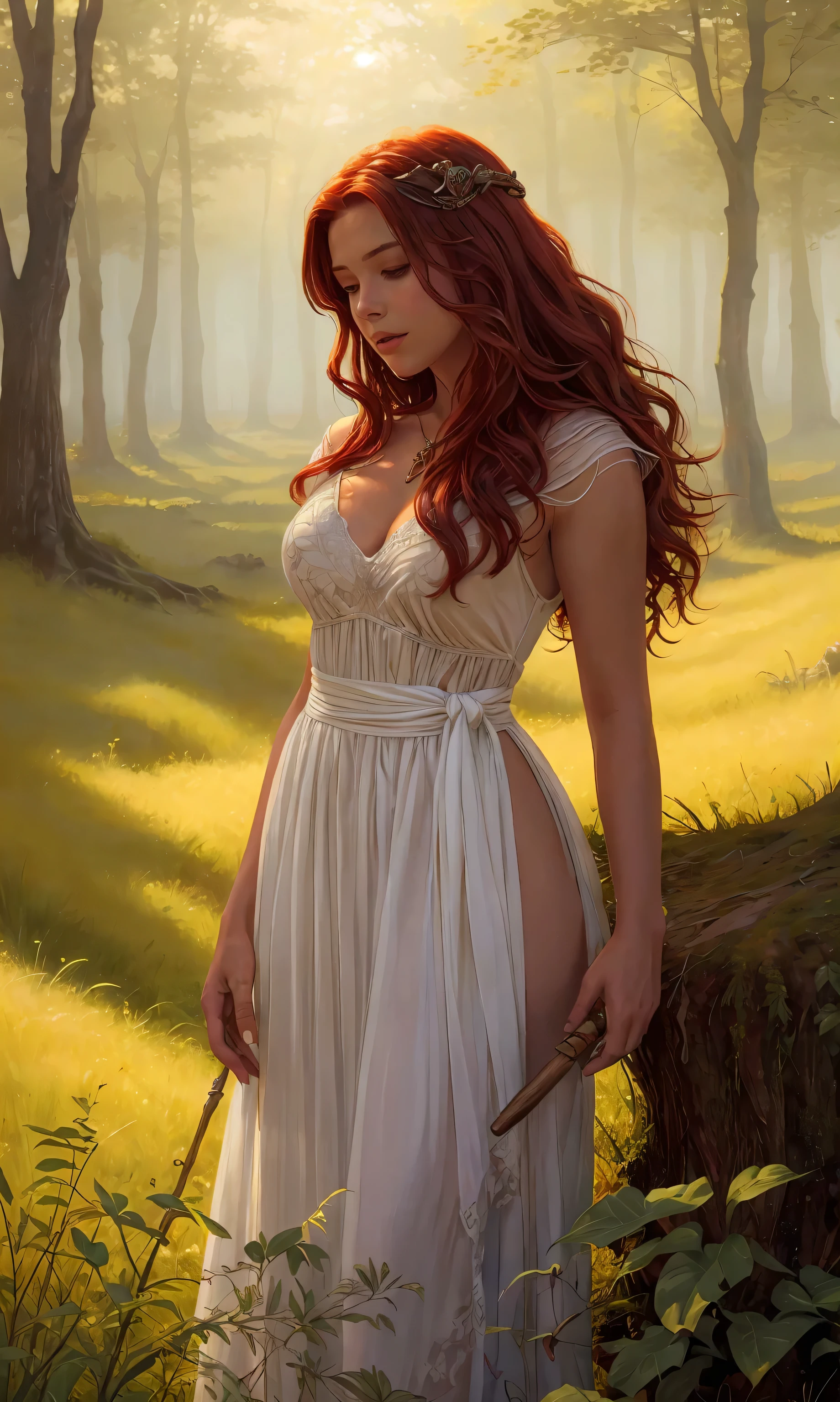 advdnd2023, novel illustration, intricate art, 1girl, female, redhead, long hair, beautiful body, realistic light and shadows, painting, open field, white dress