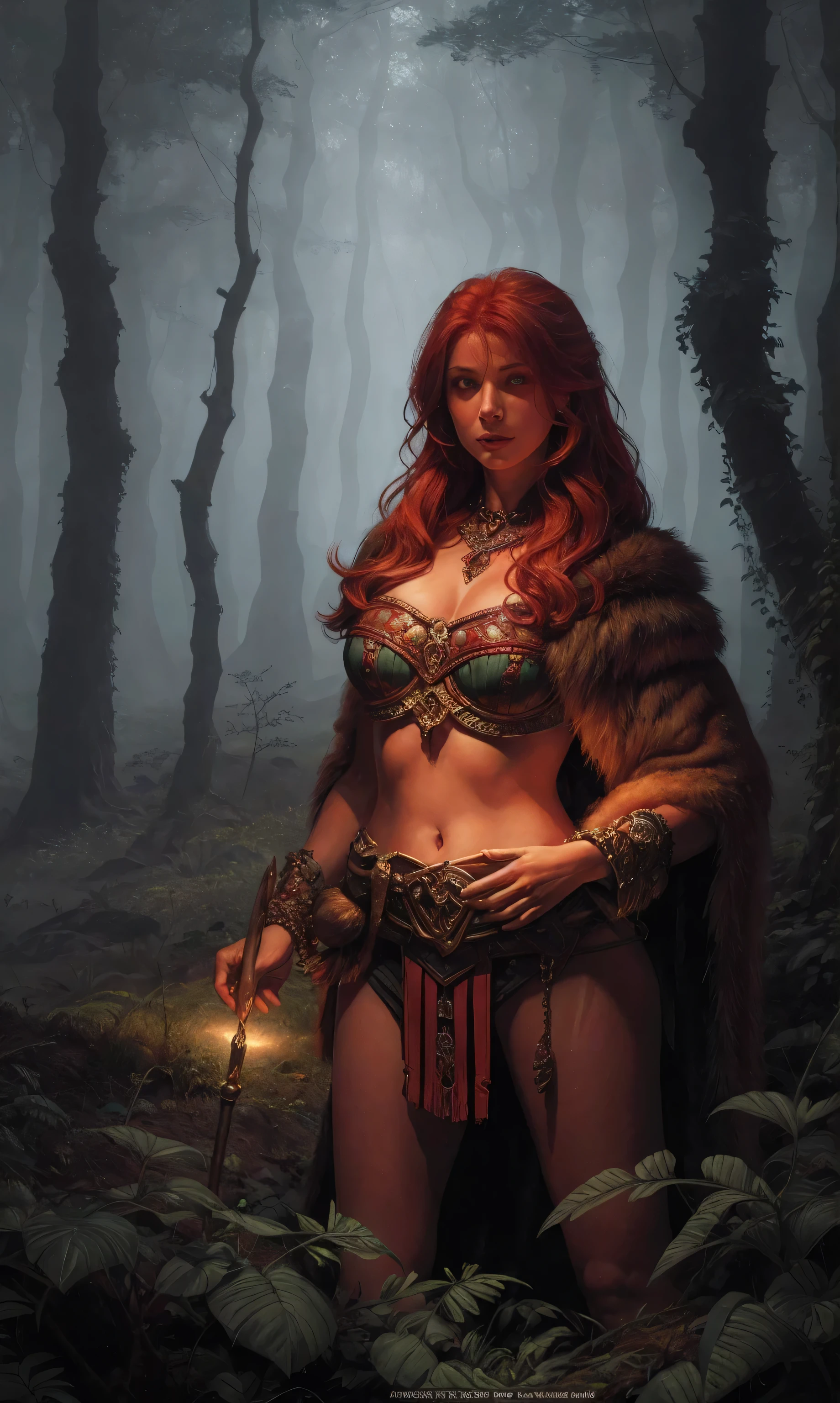 advdnd2023, novel illustration, intricate art, 1girl, female, a woman, redhead, wearing a bear skin, positioned in a dense forest, glowing red eyes, detailed painting style, mysterious atmosphere,realistic light and shadows, painting, open field