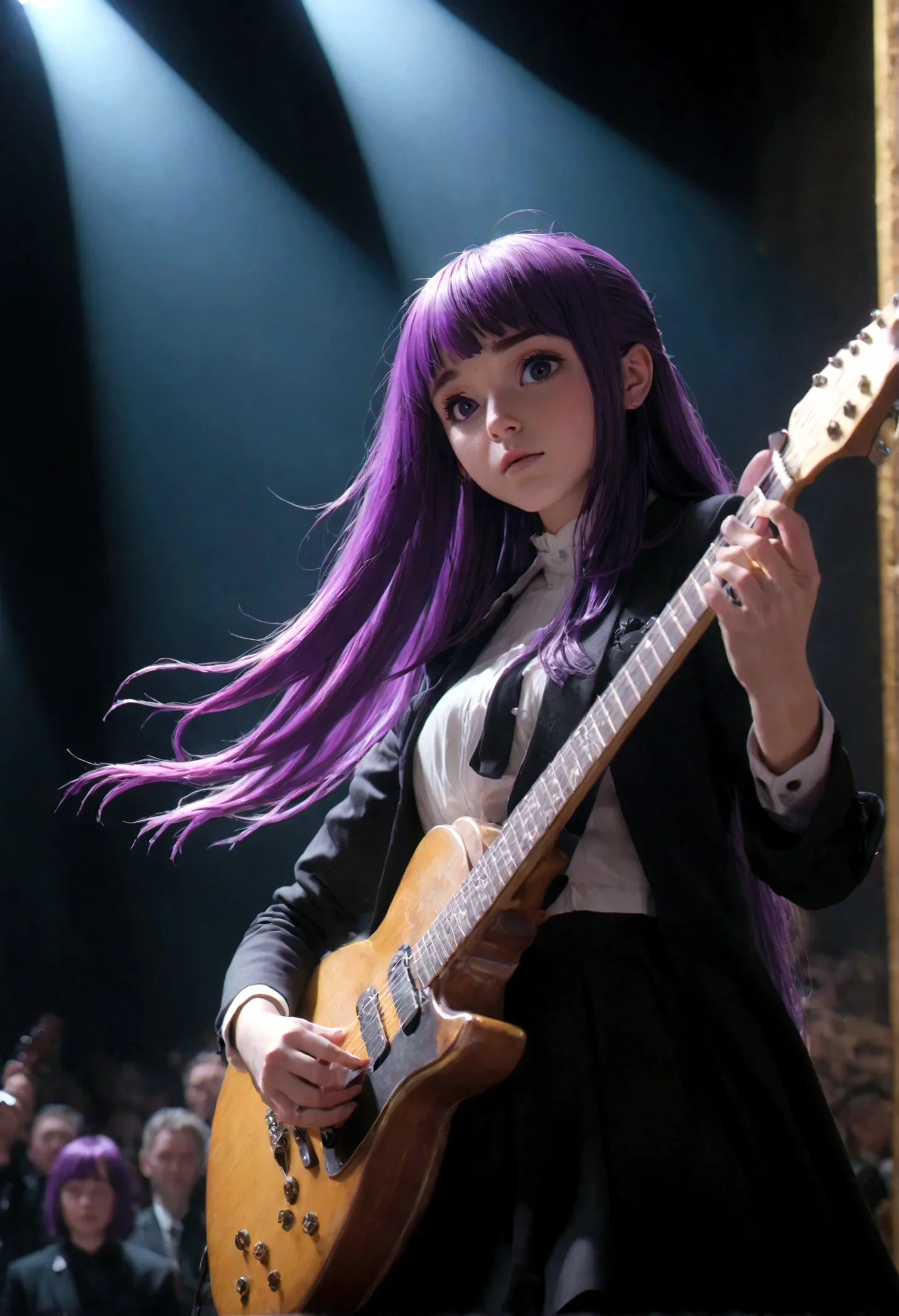 1girl, fern, f3rn, fernfrieren, frieren at the funeral, guitarist, on stage, spotlight, purple hair, long hair, straight hair, d...