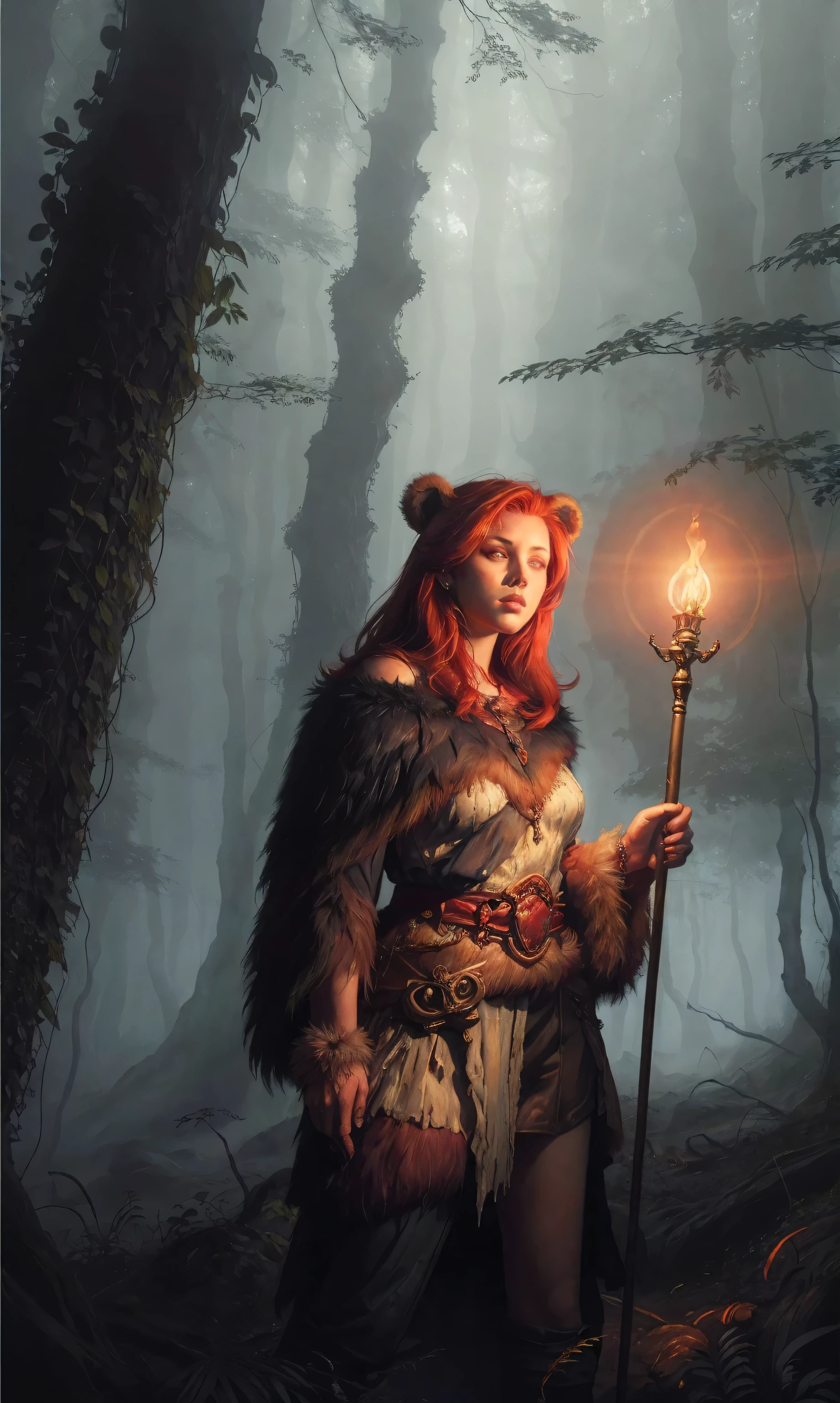 advdnd2023, novel illustration, intricate art, 1girl, female, a woman, redhead, wearing a bear skin, positioned in a dense forest, glowing red eyes, holding a torch, gloomy atmosphere with fog, detailed painting style, realistic light and shadows, painting, open field