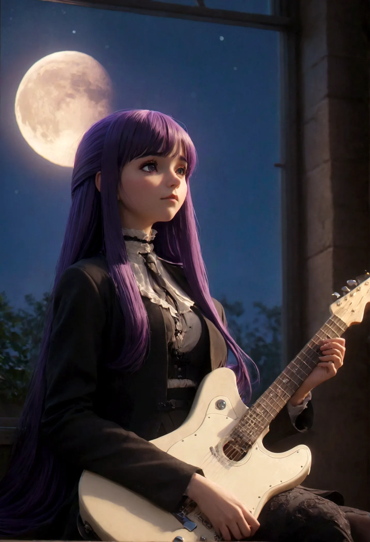 1girl, Fern, f3rn, FernFrieren, Frieren at the Funeral, Guitarist, sit by window, moon, purple hair, long hair, straight hair, d...