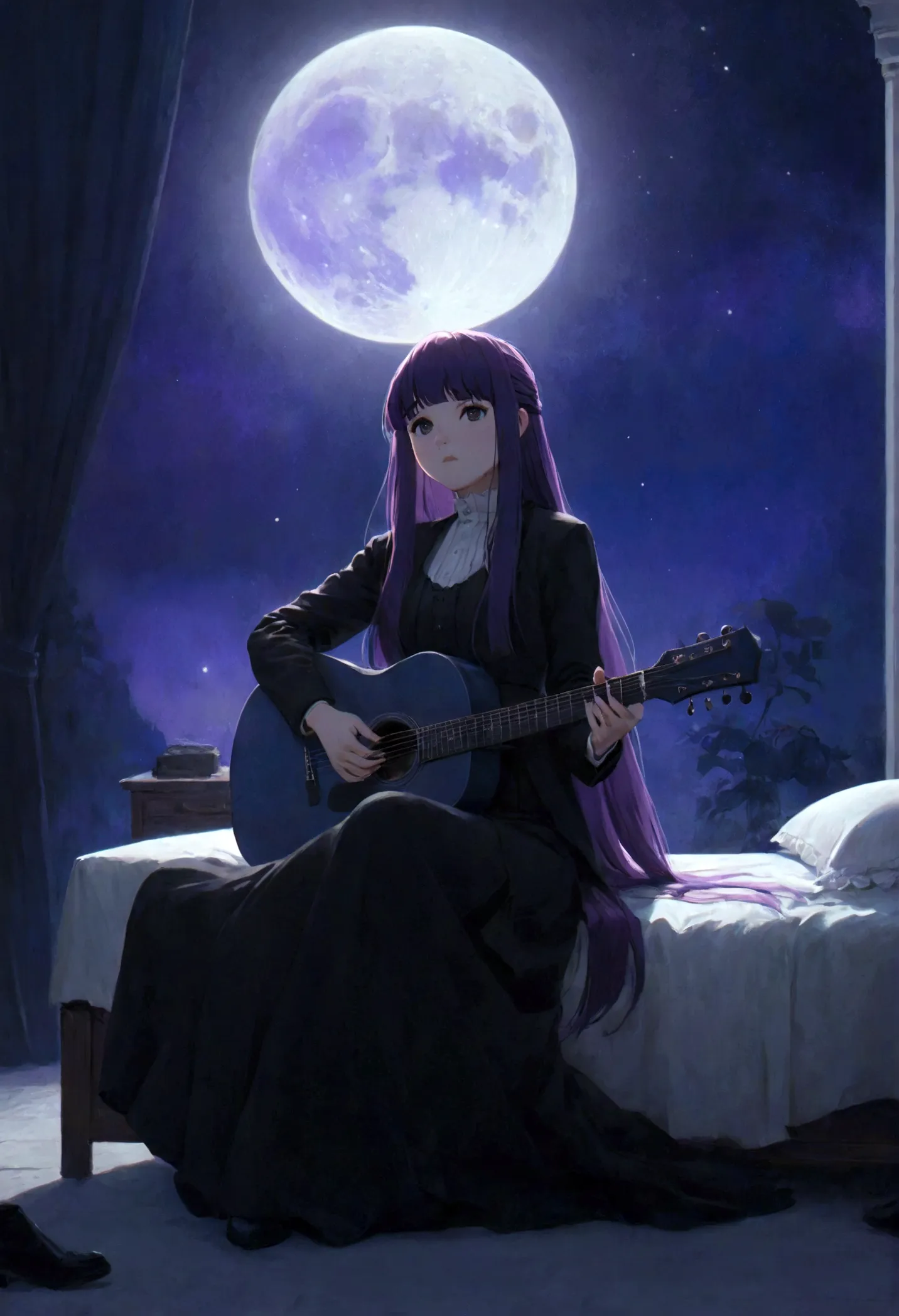 1girl, fern, f3rn, fernfrieren, frieren at the funeral, guitarist, sit, bedroom, moon, purple hair, long hair, straight hair, dr...