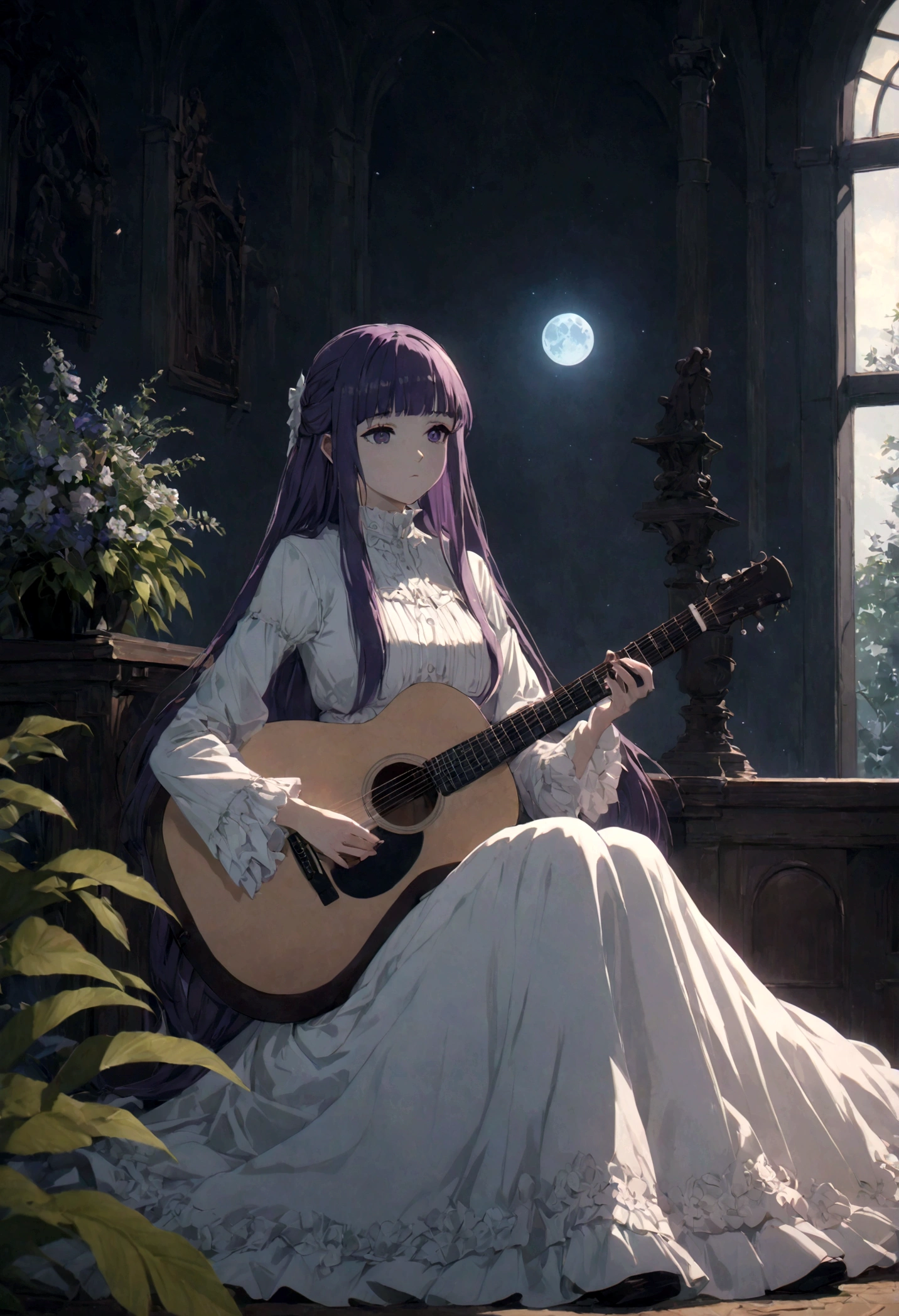 1girl, Fern, f3rn, FernFrieren, Frieren at the Funeral, Guitarist, sit, bedroom, moon, purple hair, long hair, straight hair, dramatic composition, cinematic dynamic action scene, vibrant colors, cinematic lighting, dramatic lighting, best quality, masterpiece, very aesthetic, perfect composition, intricate details, ultra-detailed