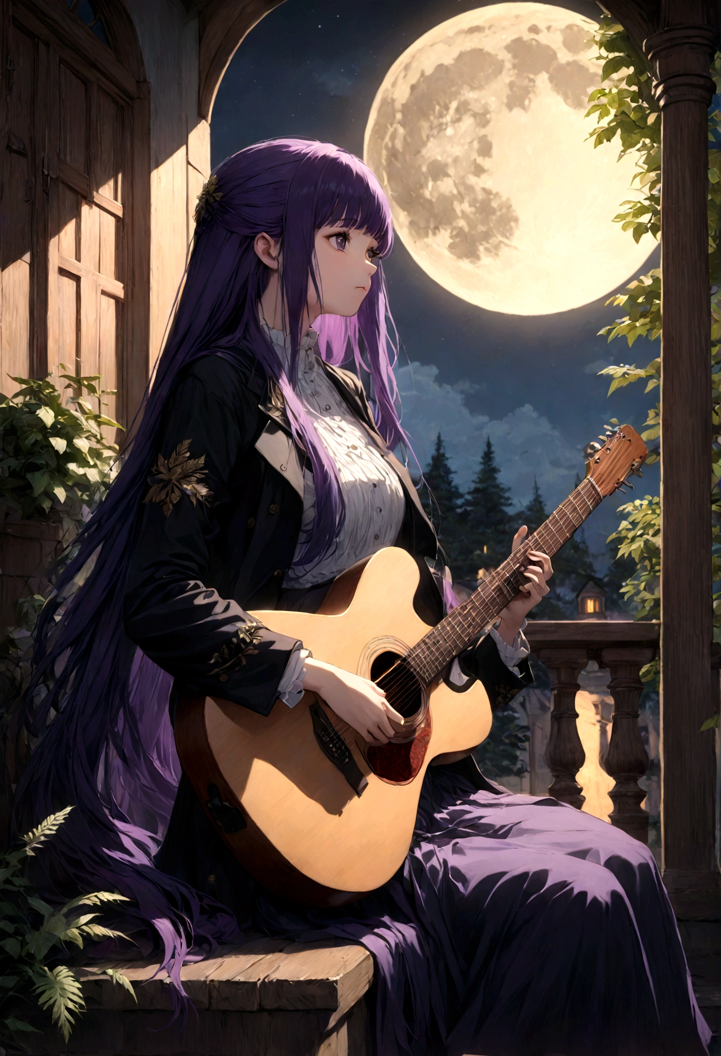 1girl, Fern, f3rn, FernFrieren, Frieren at the Funeral, Guitarist, balcony, moon, purple hair, long hair, straight hair, dramatic composition, cinematic dynamic action scene, vibrant colors, cinematic lighting, dramatic lighting, best quality, masterpiece, very aesthetic, perfect composition, intricate details, ultra-detailed