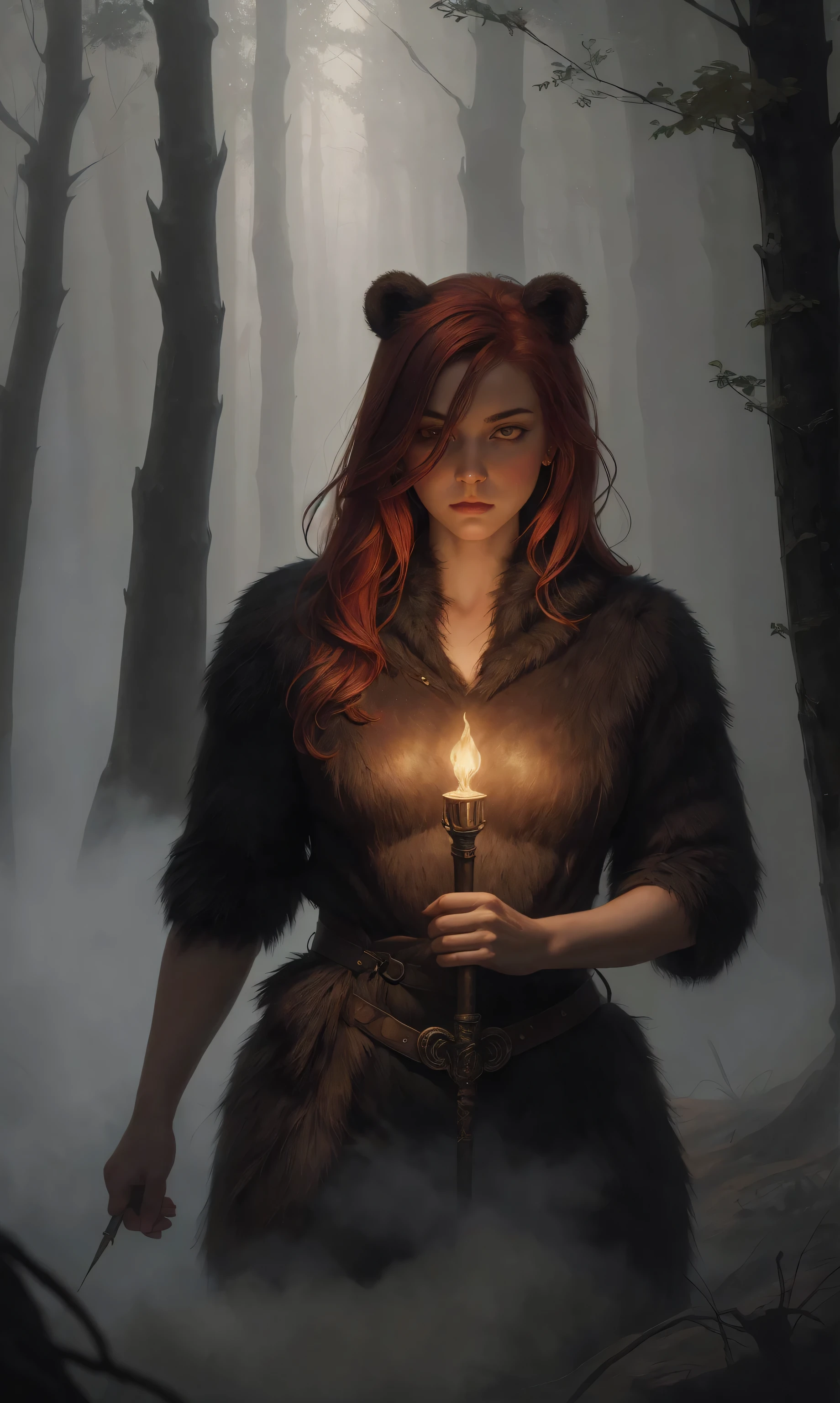 Sinthpaint, advdnd2023, novel illustration, intricate art, 1girl, female, a woman, redhead, wearing a bear skin, positioned in a dense forest, glowing red eyes, holding a torch, gloomy atmosphere with fog, detailed painting style, realistic light and shadows, painting, open field