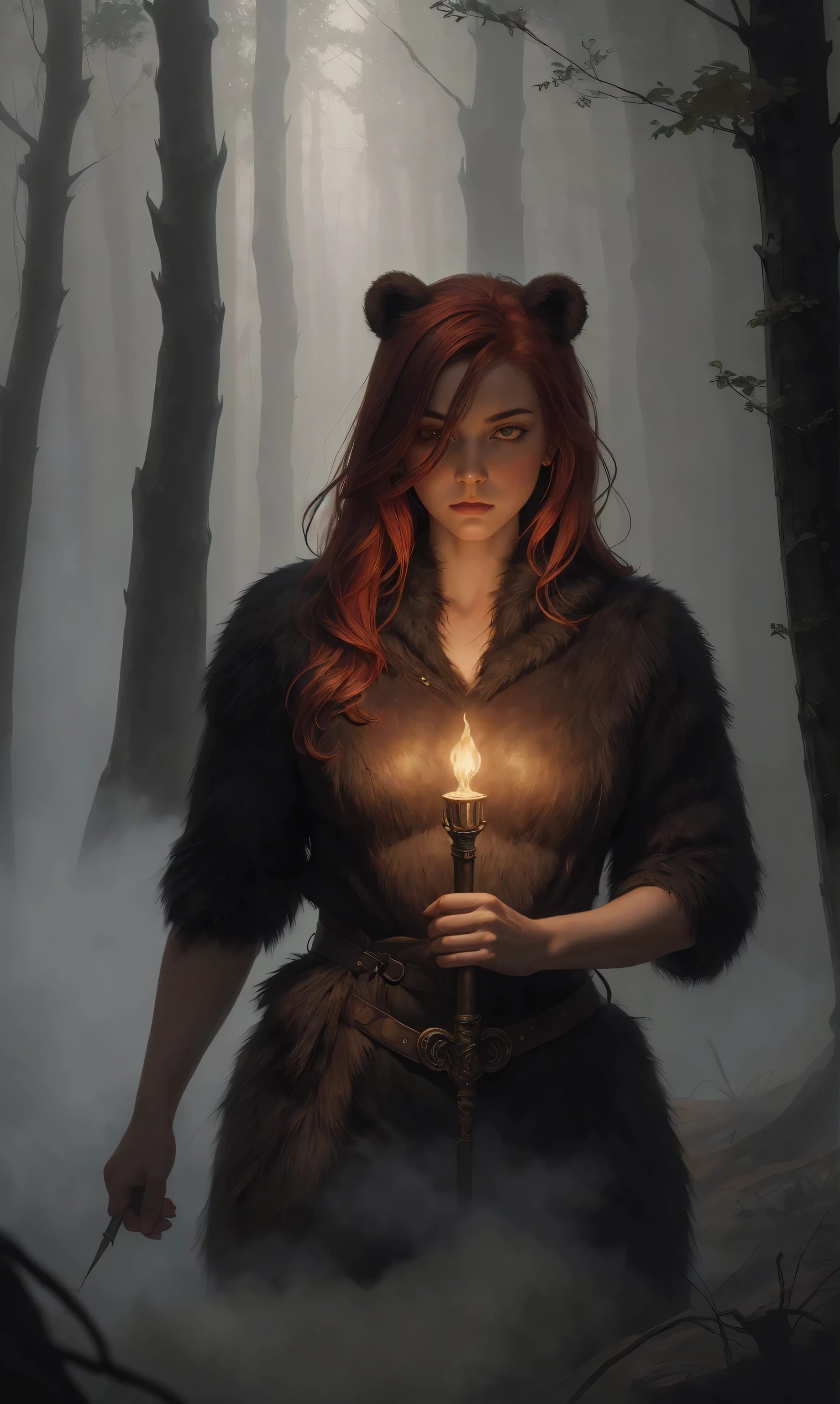 Peinture Sinth, advdnd2023, illustration de roman, art complexe, 1fille, femelle, Une femme, roux, porter une peau d&#39;ours, situé dans une forêt dense, yeux rouges brillants, tenant une torche, atmosphère sombre avec du brouillard, detailed peinture style, Lumière et ombres réalistes, peinture, Champ ouvert