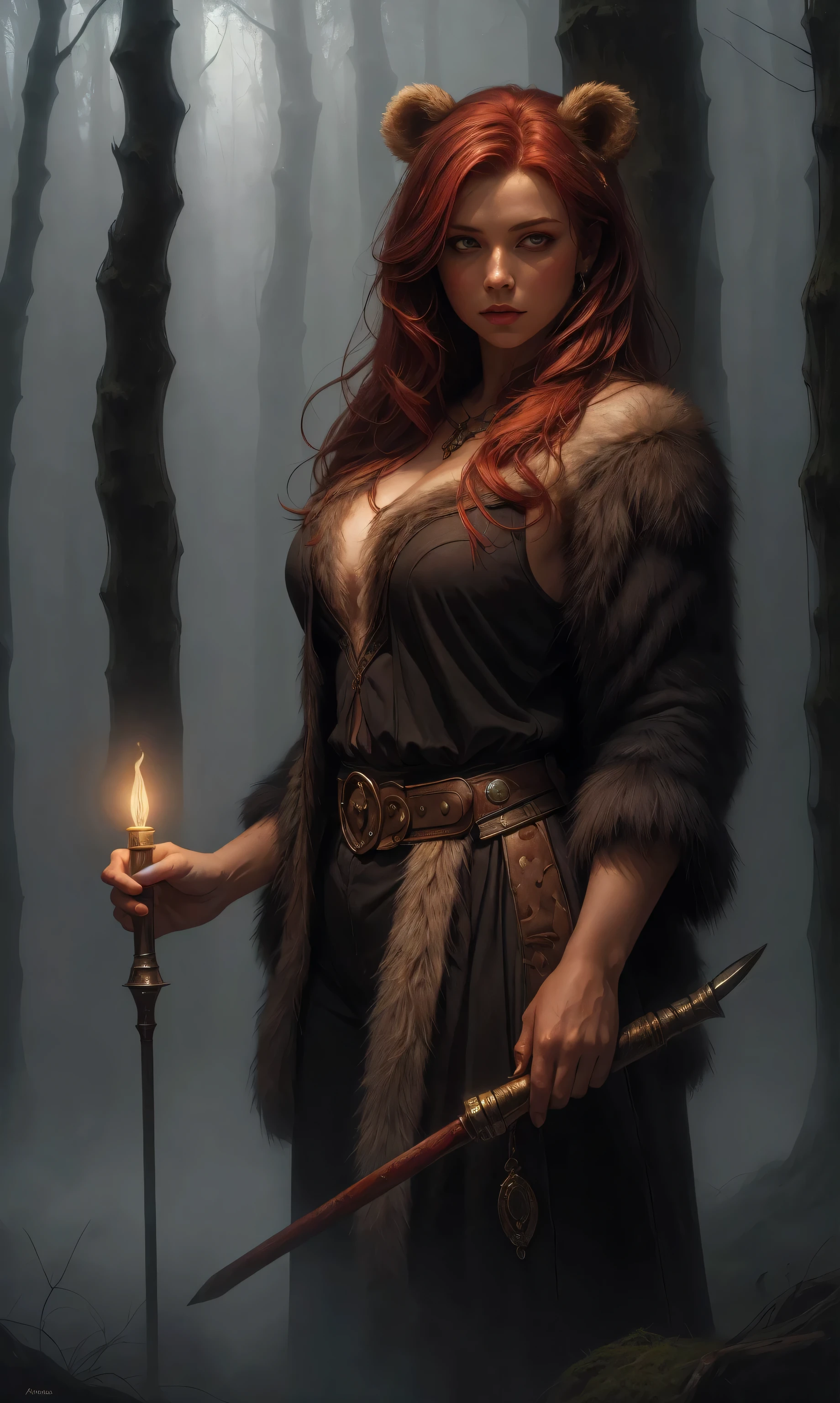 Sinthpaint, advdnd2023, novel illustration, intricate art, 1girl, female, a woman, redhead, wearing a bear skin, positioned in a dense forest, glowing red eyes, holding a torch, gloomy atmosphere with fog, detailed painting style, realistic light and shadows, painting, open field