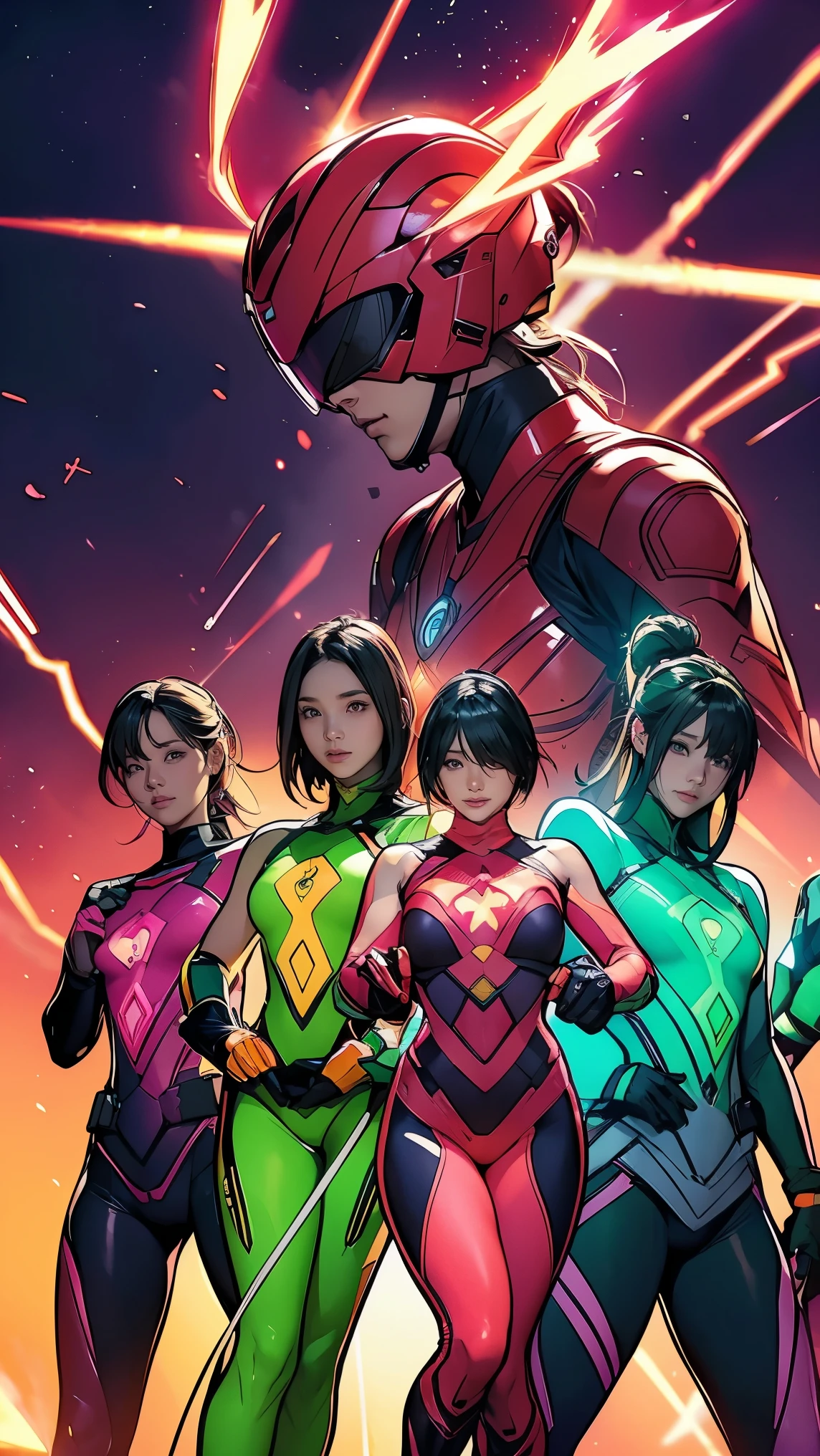 6人組のレンジャーチームの勇敢で大胆なイメージ, それぞれが以下の鮮やかな色で装飾されています:: ネオンピンク, サンセットオレンジ, 消防車 赤, プラズマバイオレット, 蛍光グリーン, ショッキングイエロー. エネルギーと勇気がにじみ出る背景でダイナミックなポーズ.。, 古典的な戦隊スーパーヒーローチームの本質を体現. 各レンジャー&#39;の服装は洗練されていてモダンです, それぞれの色にはそのテーマを反映する要素がある., アクションの準備ができて. ((キャメルトゥ))