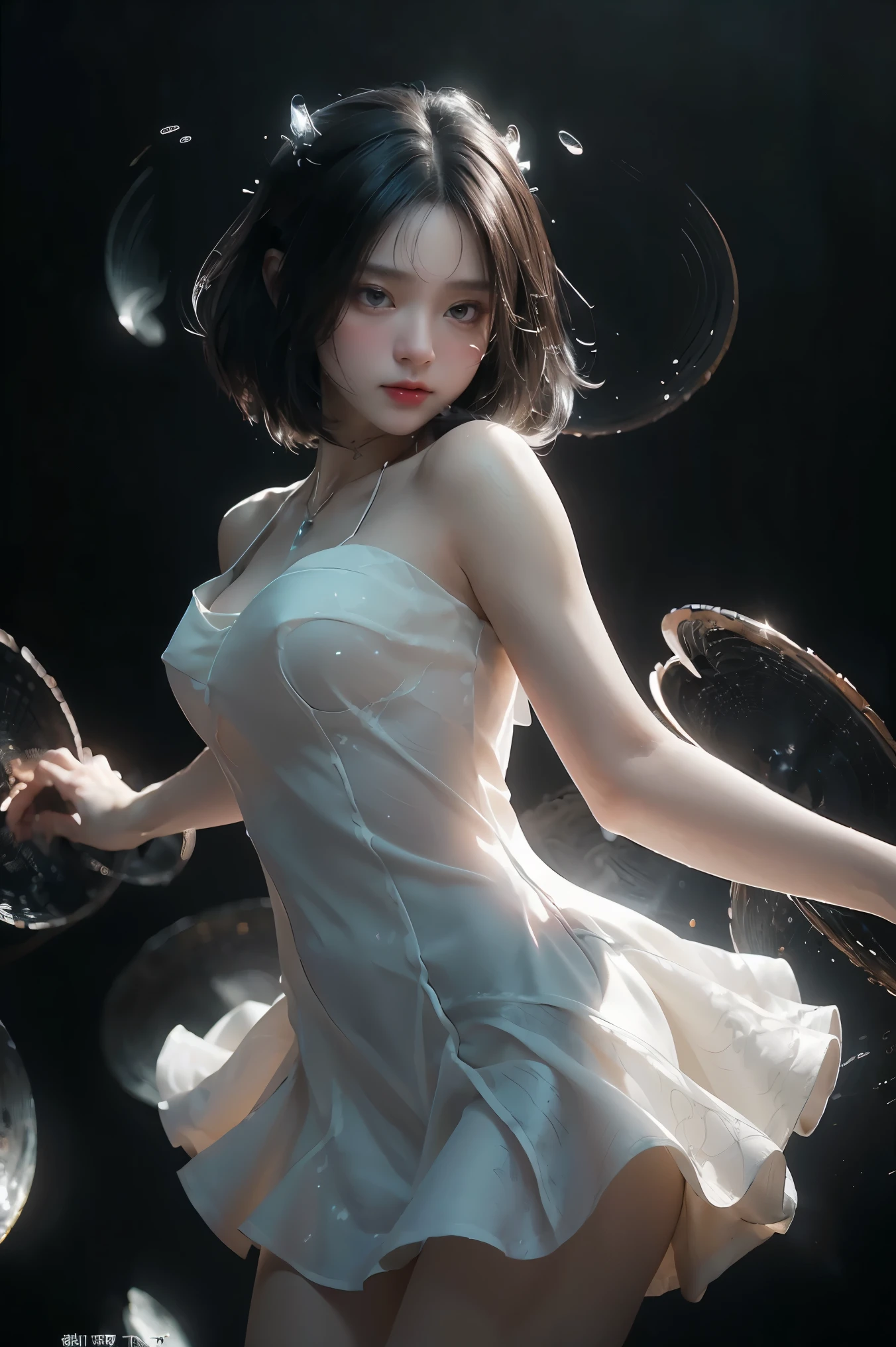 ((masterpiece, best quality)), ultra detailed 8k, photorealistic, sharp focus, highly detailed, professional lighting , shadowmancer, photo of a woman, ink particle, ((swirling black ink floating around)), futuristic fantasy, futuristic white dress, dynamic pose, realistic, masterpiece, intricate details, detailed background, depth of field,