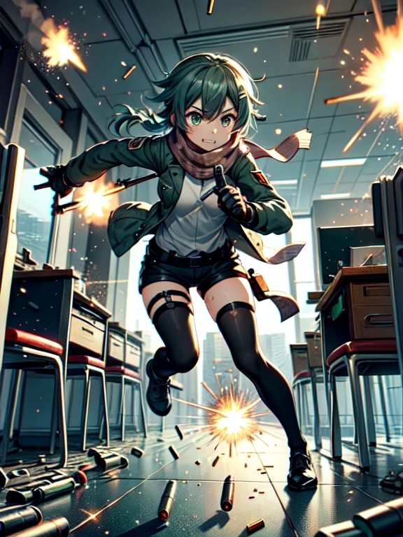 masterpiece,best quality,highly detailed,1girl,solo,clenched teeth,sweat,sweatdrop,struggling,speed lines,motion lines,motion blur,
sinon1,scarf,fingerless gloves,long sleeves,short shorts,hair ornament,hairclip,green thighhighs,green jacket,thigh strap,
BREAK
(((firing,bullet,gun,light particles))),explosion,indoors, broken glass, debris, paper, office chair, office desk, smoke,running,handgun,holding gun,