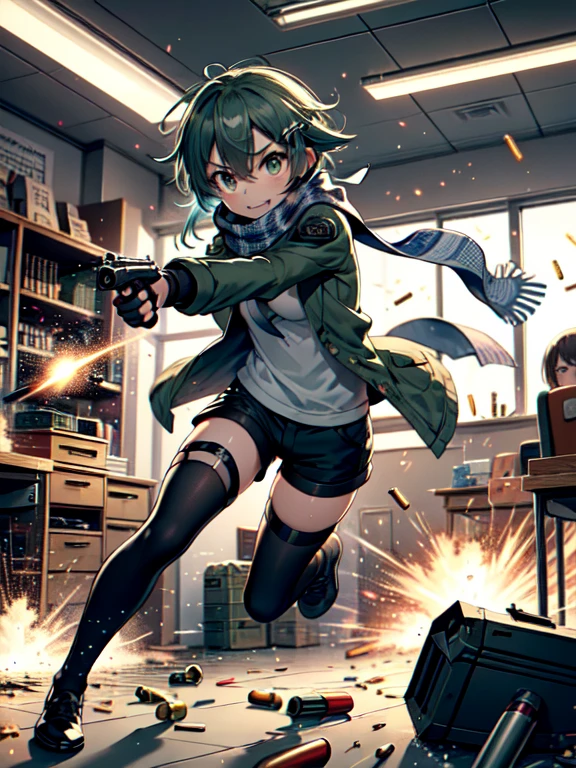 masterpiece,best quality,highly detailed,1girl,solo,clenched teeth,sweat,sweatdrop,struggling,speed lines,motion lines,motion blur,
sinon1,scarf,fingerless gloves,long sleeves,short shorts,hair ornament,hairclip,green thighhighs,green jacket,thigh strap,
BREAK
(((firing,bullet,gun,light particles))),explosion,indoors, broken glass, debris, paper, office chair, office desk, smoke,running,handgun,holding gun,