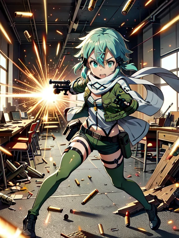 masterpiece,best quality,highly detailed,1girl,solo,clenched teeth,sweat,sweatdrop,struggling,speed lines,motion lines,motion blur,
sinon1,scarf,fingerless gloves,long sleeves,short shorts,hair ornament,hairclip,green thighhighs,green jacket,thigh strap,
BREAK
(((firing,bullet,gun,light particles))),explosion,indoors, broken glass, debris, paper, office chair, office desk, smoke,running,handgun,holding gun,