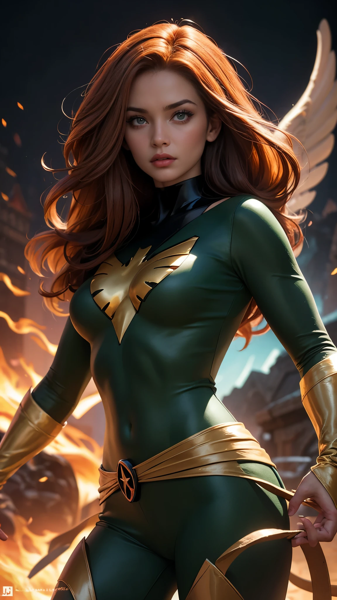 Jeangrey,X-Men,Fato de Pheonix,Super heroi,cores vibrantes,expressão feroz,olhos detalhados,cabelo ruivo comprido,chamas ardentes,Telecinesia,emocional,batalha intensa,fundo místico,melhor qualidade,contorno destacado em alta resolução,estilo de quadrinhos,formato widescreen,com contraste ajustado,HDR,detalhes nítidos,energéticoiluminação, seios grandes, sensual