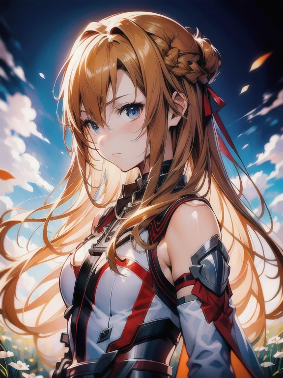 anime girl with long hair and sword in field with sky background, asuna yuuki, asuna from sao, epic light novel art cover, detailed key anime art, anime goddess, portrait of a female anime hero, detailed digital anime art, high detailed official artwork, blonde anime girl with long hair, photo of asuna from sao, anime girl with long hair