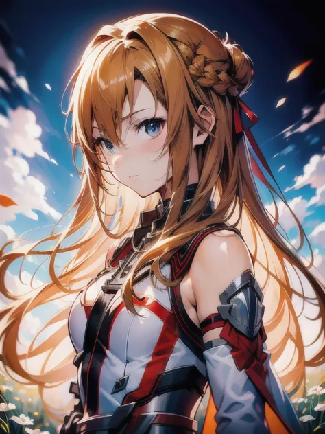 anime girl with long hair and sword in field with sky background, asuna yuuki, asuna from sao, epic light novel art cover, detai...