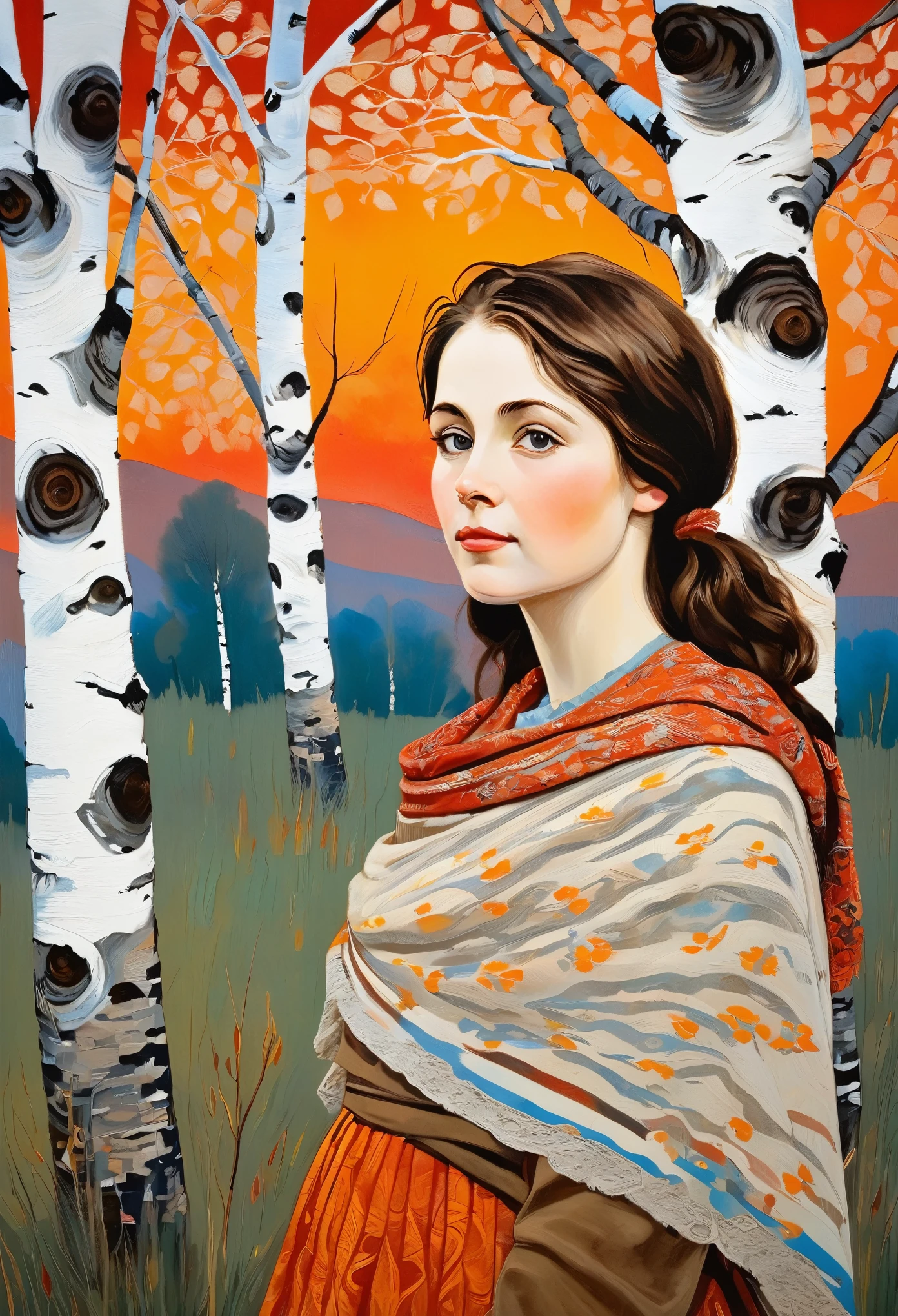 a young Russian girl, against the background of a scarlet sunset, complex detailing, aged canvas, "the girl by the white birch" (in the style of Norman-Ackroyd, depicted in oil on canvas),
a beautiful girl with brown hair in a scarf, hugging the trunk of a birch tree dressed in a top and maxi skirt with patterns and knitting, ((background: high bank of the white birch river in cheerful colors,
stunning, highly detailed, 8k, ornate, intricate, vintage, dehydrated, atmospheric, scuff gradient,
(oil painting: 0.75), (splash: 0.75), (turquoise: 0.2), (orange: 0.2), (pink:0.33), 
 (Norman-Ackroyd: 0.5), (John Constable: 0.1),
((El Greco: 0.5),(acrylic paint: 0.75), 8k (())e