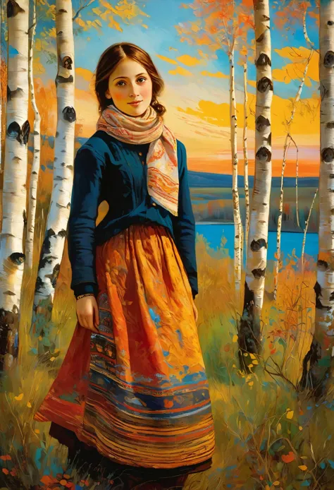 a young russian girl, against the background of a scarlet sunset, complex detailing, aged canvas, "the girl by the white birch" ...