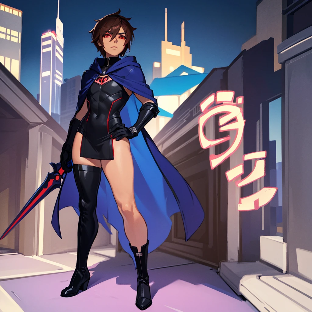 1boy, Femboy, superhero, crossdresser man, teenager, with a dark blue with red accents full body Spandex crow themed suit, with a blue cape, a blue glowing decal in the chest, black gloves and black boots that resemble crow feet, and a hoodie, long technological red sword, brown skinned, red eyes, feminine shoulder length dark brown hair, wide hips, thick thighs , flat chest, narrow waist, standing on the rooftop in the over a futuristic city at night ((only one character))