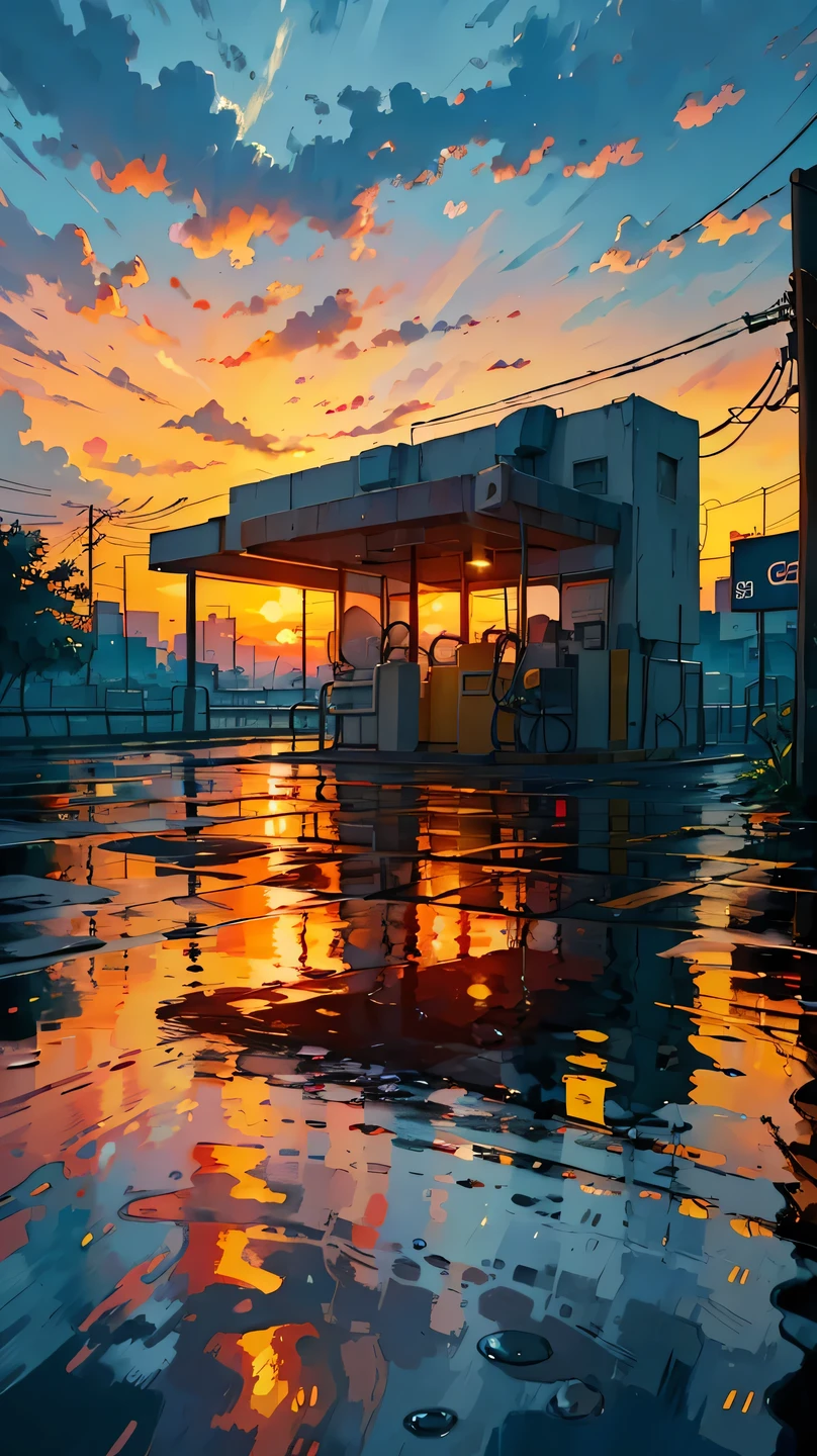 Petrol station, vibrant colors, highly detailed, masterpiece quality, red-orange cloudy sky, telephone poles, wide angle view, rain, sunset, flowers, 8k