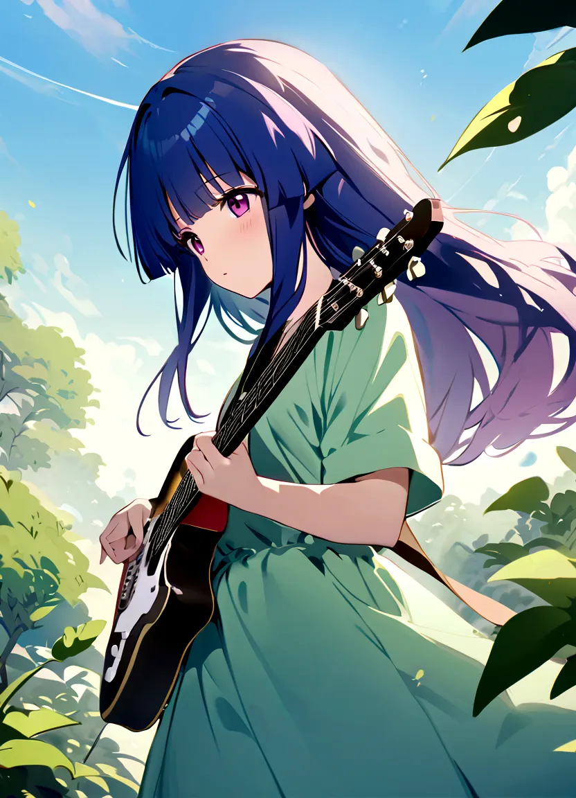 guitarist playing guitar in natural scenery。green background and clear々in the fresh air、guitarists are one with nature。
one girl...