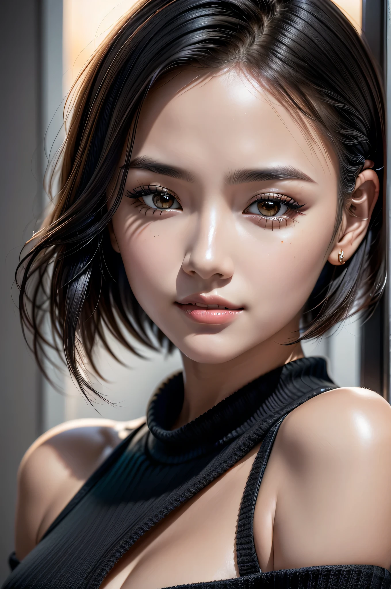 Best Quality, Ultra High Definition, (Photorealistic:1.4),Sunset Light, Ponytail, Korean Women, Detailed Photo, Smiling, Sexy, Black Shirt, Facing Camera, Close-up (Masterpiece: 1.3), (8K, Photorealistic, Best Quality: 1.4), (1girl), Beautiful Face, (Realistic Face), (Black Hair, Short Hair: 1.3), Beautiful Hairstyle, Realistic eyes, beautiful detail eyes, (realistic skin), beautiful skin, (sweater), absurd, attractive, ultra high resolution, ultra realistic, high definition, golden ratio