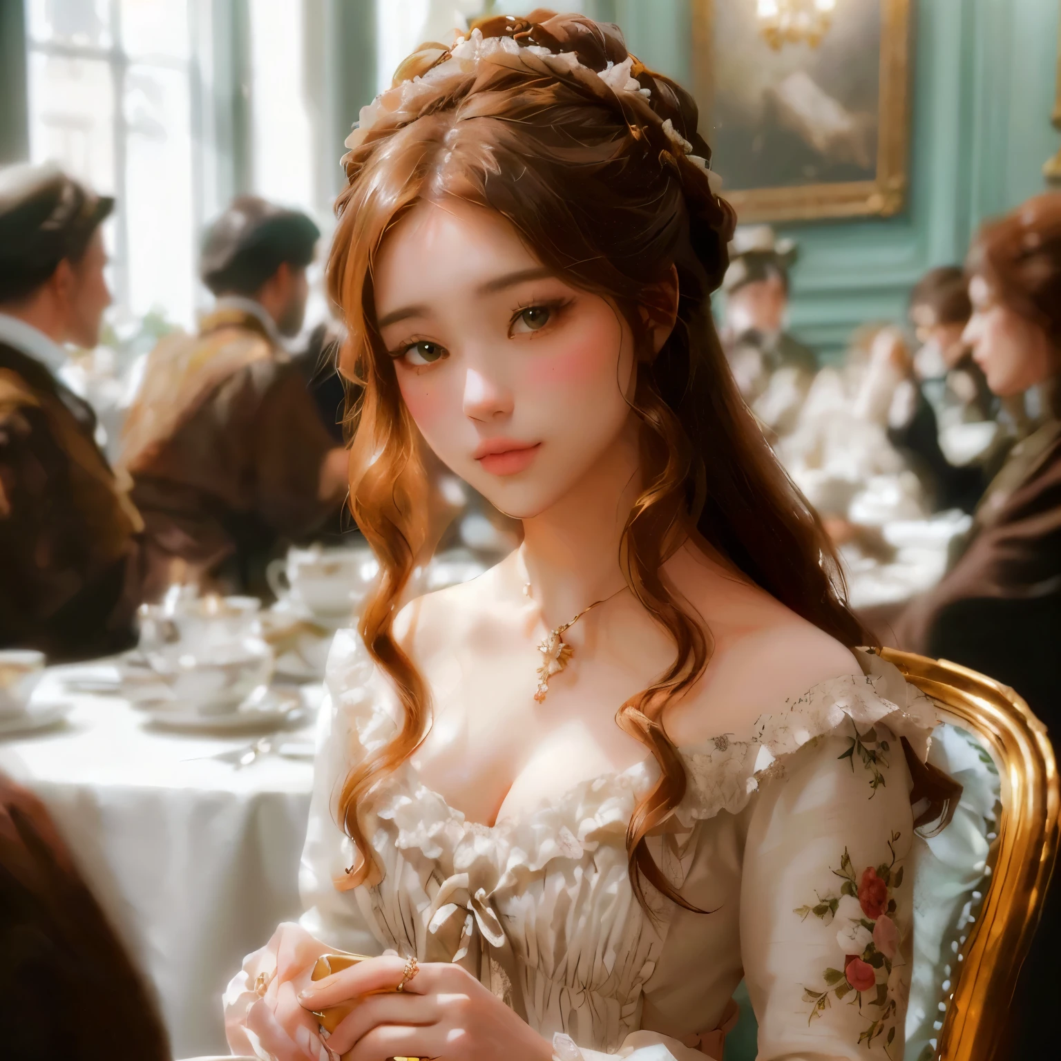 hay una mujer sentada en una mesa con una copa de vino, in bowater art style, rococo style portrait, in victorian aristocrat, una hermosa mujer victoriana, fantasy victorian art, hermosa pintura de personajes, rococo queen, joven victoriana triste y elegante dama, pale porcelain skin, dama victoriana, digital art of an elegant, hermosa doncella, hermosa obra de arte digital