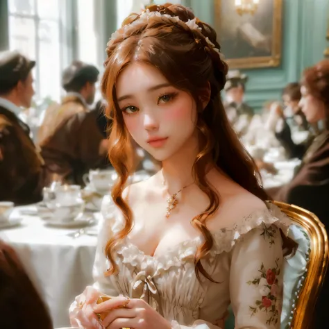 hay una mujer sentada en una mesa con una copa de vino, in bowater art style, rococo style portrait, in victorian aristocrat, un...