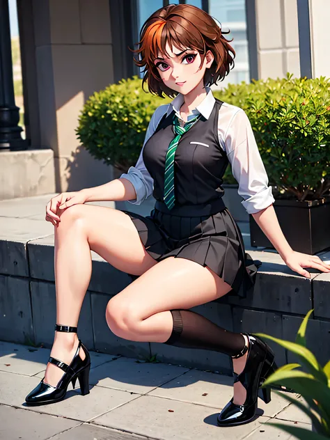 merula, full body, black mini skirt, pleated skirt, sitting, school, green striped necktie, open legs, thighs, high heels