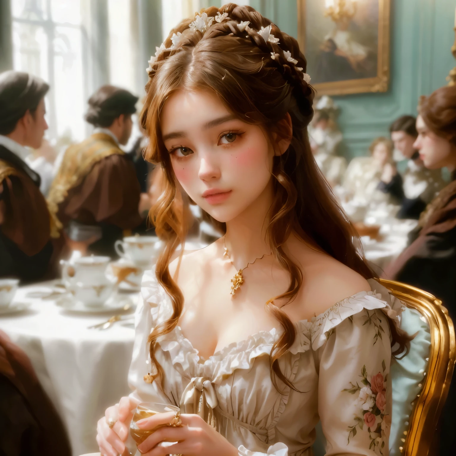 hay una mujer sentada en una mesa con una copa de vino, in bowater art style, rococo style portrait, in victorian aristocrat, una hermosa mujer victoriana, fantasy victorian art, hermosa pintura de personajes, rococo queen, joven victoriana triste y elegante dama, pale porcelain skin, dama victoriana, digital art of an elegant, hermosa doncella, hermosa obra de arte digital