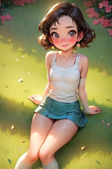 Lawn square in the park，White tank top and short mini wrap skirt, Knee socks, Movement like looking up at the sky, Very short st...