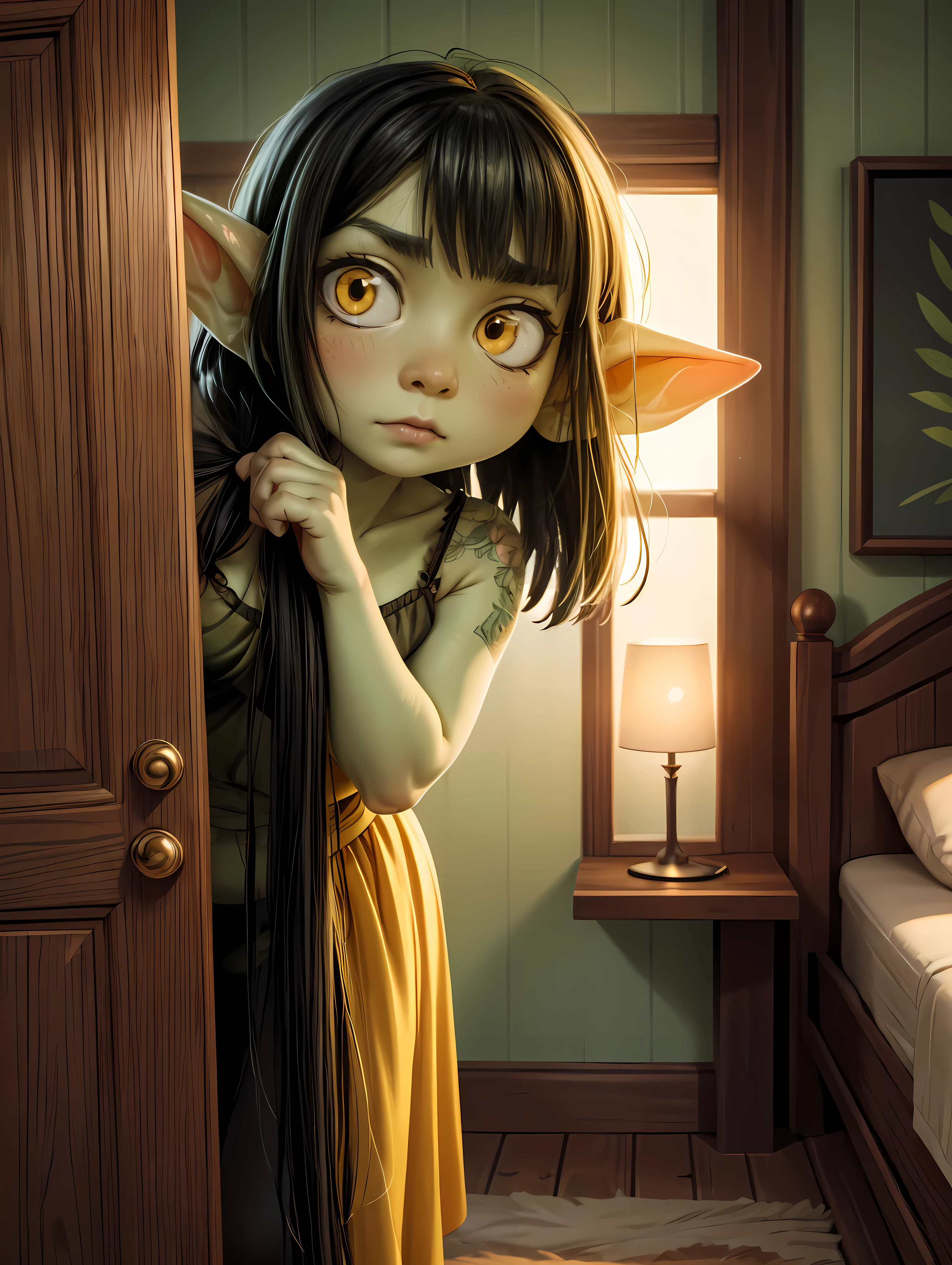 ((best quality)), ((masterpiece)), (detailed), absurdres, ((1 girl)), 1girl, solo, 4k, short heavyset chubby green goblin girl peeking out from behind a bedroom door, bed in background, focus on face, (black hair), green skin, yellow eyes, freckles, posing, (nervous expression:1.3), shy, embarrassed, wearing sexy yellow bra, cleavage, close up on face, blushing, unsure, extreme close up on face, peeking out upper body, depth of field, soft lighting, romantic lighting