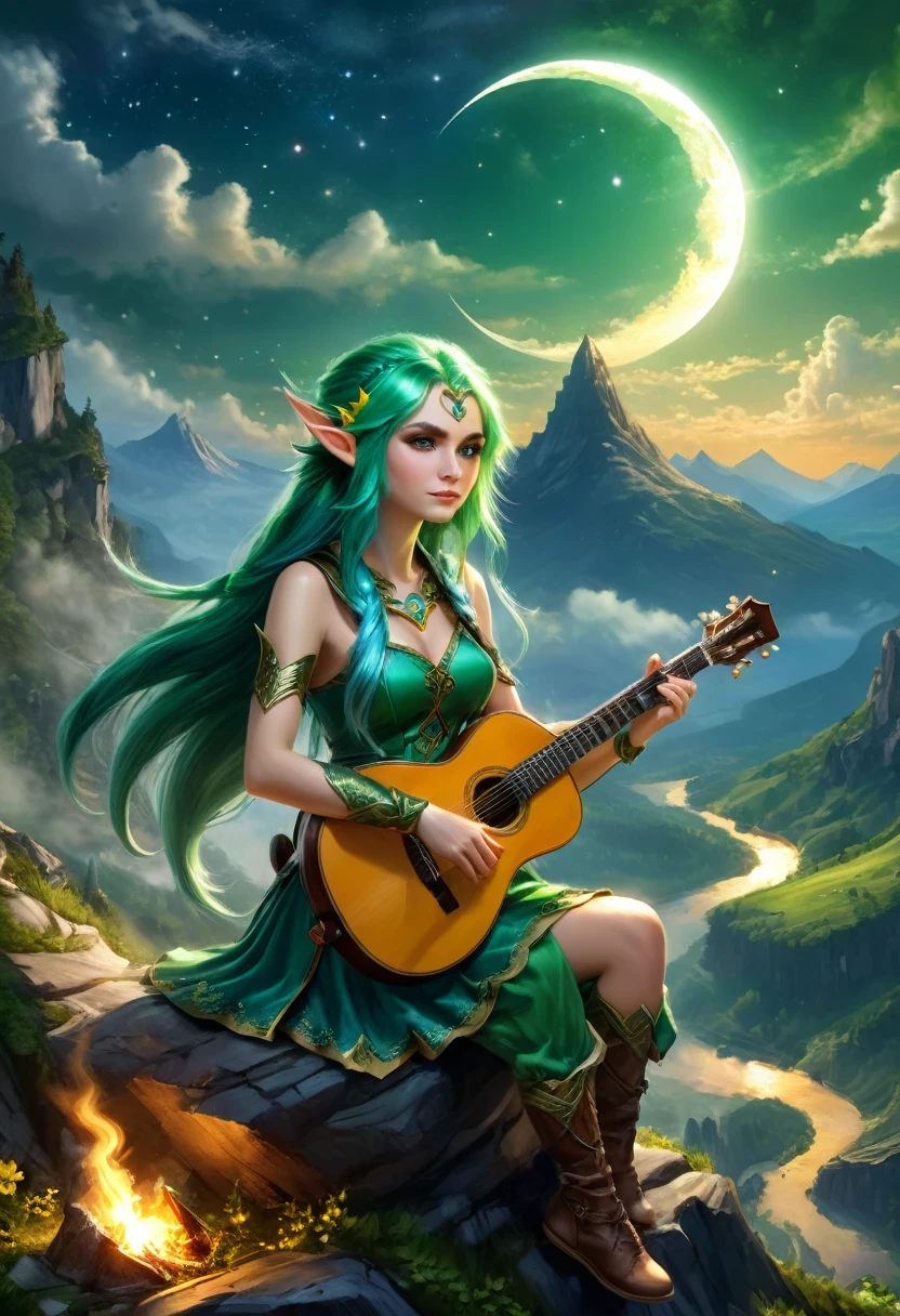 Arte De Fantasía, arte de rol, a female elf jugando (guitarra de éter: 1.3), ella se sienta en la cima de la montaña por la noche, exquisita y hermosa elfa, (Pelo verde: 1.4), pelo largo, (blue eyes: 1.30, usar ropa dinámica, jugando (guitarra de éter: 1.3) AetherpunkAI, cerca de una fogata, en la cima de una montaña de fantasía ,luna, estrellas, nubes, rayos de Dios, luz natural suave, ángulo dinámico, photorealism, Vista panorámica, ultra mejor realista, mejores detalles, 16k, [ultra detallado], obra maestra, mejor calidad, (extremadamente detallado), photorealism, Estilo cinematográfico de Hollywood