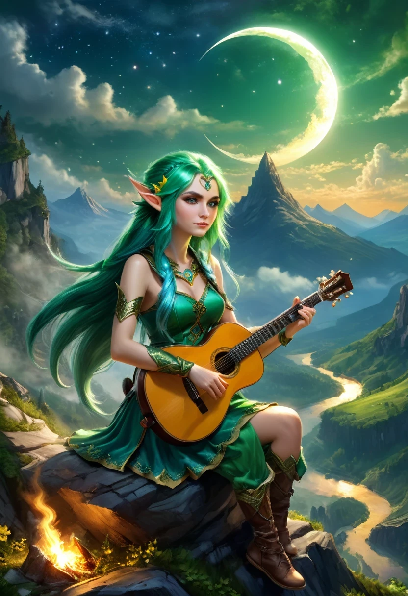 fantasy art, RPG art, a female elf playing (aether guitar: 1.3), she sits on the top of the mountain at night, exquisite beautiful female elf, (green hair: 1.4), long hair, (blue eyes: 1.30, wearing dynamic clothing, playing (aether guitar: 1.3) aetherpunkai, near a camp fire, on top of a fantasy mountain ,moon, stars, clouds, god rays, soft natural light, dynamic angle, photorealism, panoramic view, ultra best realistic, best details, 16k, [ultra detailed], masterpiece, best quality, (extremely detailed), photorealism, Cinematic Hollywood Film style