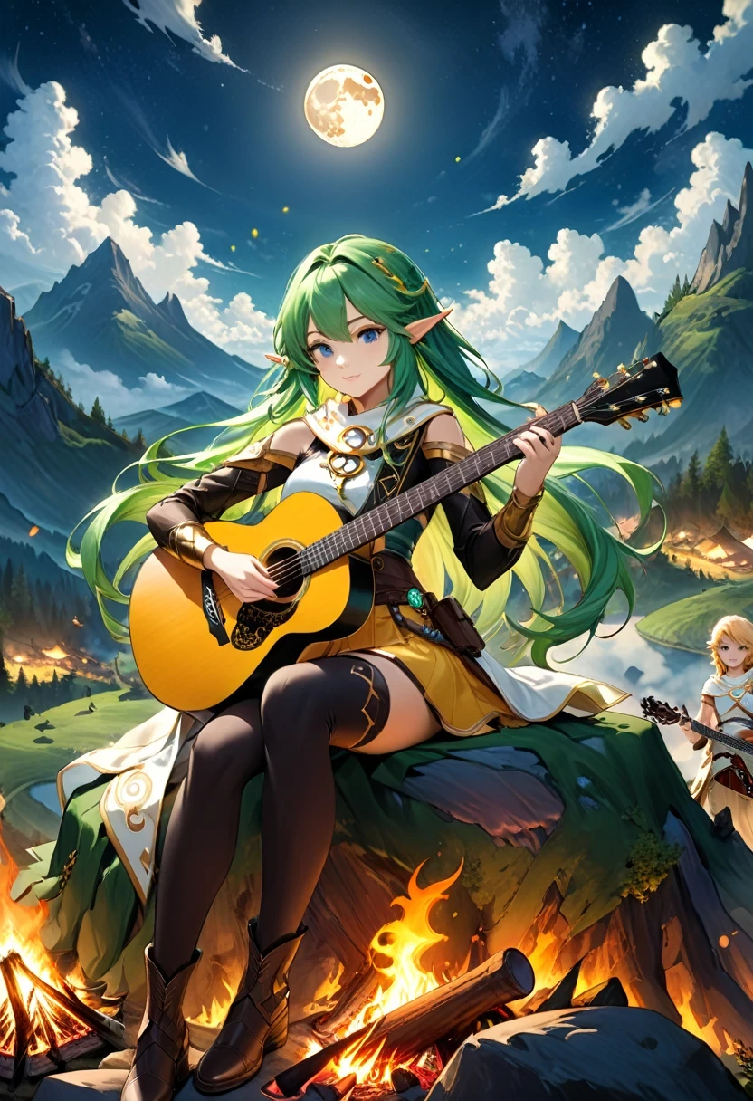 arte de fantasia, Arte RPG, a female elf jogando (guitarra éter: 1.3), ela se senta no topo da montanha à noite, elfa linda e requintada, (cabelo verde: 1.4), cabelo longo, (olhos azuis: 1.30, vestindo roupas dinâmicas, jogando (guitarra éter: 1.3) aetherpunkai, perto de uma fogueira, no topo de uma montanha de fantasia ,lua, estrelas, nuvens, raios de deus, luz natural suave, ângulo dinâmico, fotorrealismo, vista panorâmica, ultra melhor realista, Melhores detalhes, 16K, [ultra detalhado], Obra de arte, melhor qualidade, (extremamente detalhado), fotorrealismo, Estilo cinematográfico de filme de Hollywood