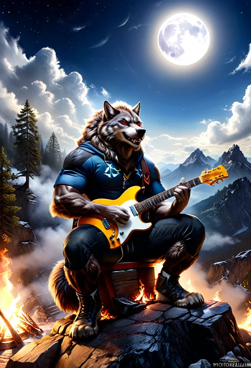 fantasy art, RPG art, a werewolf playing (aether guitar: 1.3), he sits on the top of the mountain at night, strong muscular werewolf, dynamic fur color. (red eyes: 1.30, wearing (dynamic clothing: 1.5), playing (aether guitar: 1.3) aetherpunkai, near a camp fire, on top of a fantasy mountain , full moon, stars, clouds, god rays, soft natural light, dynamic angle, photorealism, panoramic view, ultra best realistic, best details, 16k, [ultra detailed], masterpiece, best quality, (extremely detailed), photorealism, Cinematic Hollywood Film style