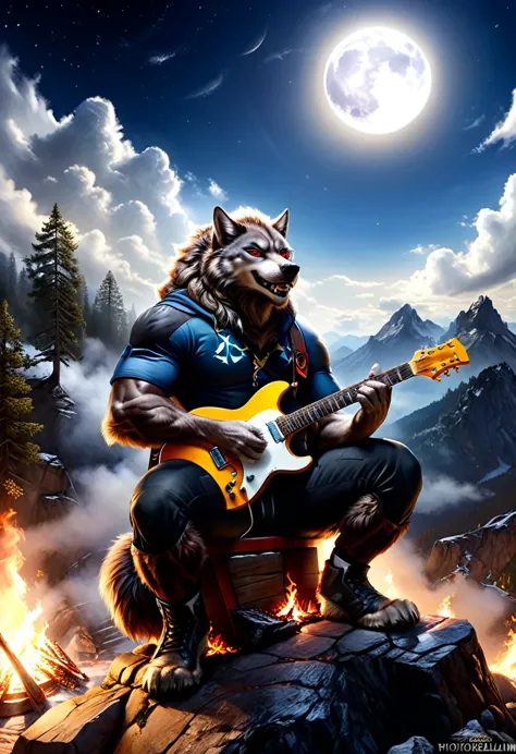 fantasy art, rpg art, a werewolf playing (aether guitar: 1.3), he sits on the top of the mountain at night, strong muscular were...