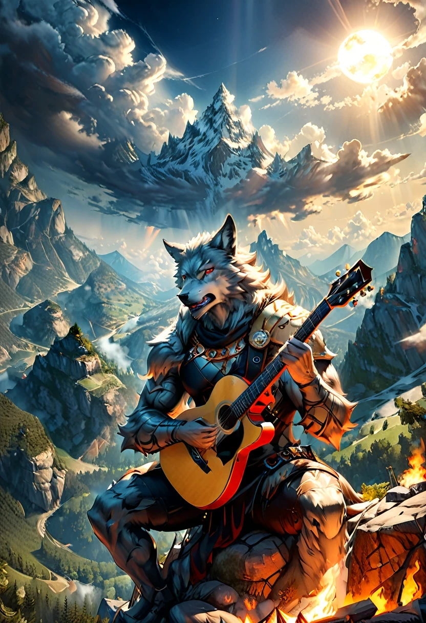 arte de fantasia, Arte RPG, a (lobo antropomórfico: 1.5) jogando (guitarra éter: 1.3), ele se senta no topo da montanha à noite, forte musculatura(lobo antropomórfico: 1.5), cor de pele dinâmica. (olhos vermelhos: 1.30, Vestindo (Roupas dinâmicas: 1.5), jogando (guitarra éter: 1.3) aetherpunkAI, perto de uma fogueira, no topo de uma montanha de fantasia , lua cheia, Estrelas, Nuvens, raios de deus, Luz natural suave, Ângulo Dinâmico, fotorrealismo, vista panorâmica, ultra melhor realista, melhores detalhes, 16k, [ultra detalhado], obra de arte, melhor qualidade, (extremamente detalhado), fotorrealismo, Estilo cinematográfico de filme de Hollywood