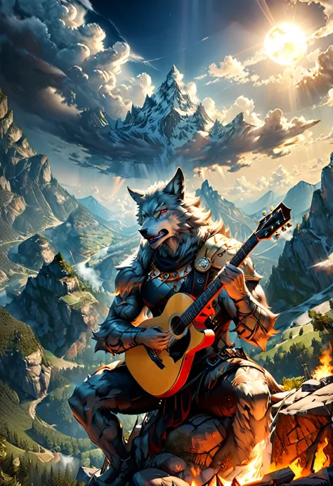 fantasy art, RPG art, a (wolf anthromorphic: 1.5) playing (aether guitar: 1.3), he sits on the top of the mountain at night, str...