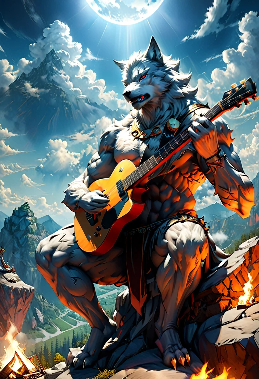 fAntAsy Art, RPG Art, A (wolf Anthromorphic: 1.5) plAying (Aether guitAr: 1.3), he sits on the top of the mountAin At night, strong musculAr(wolf Anthromorphic: 1.5), dynAmic fur color. (紅眼睛: 1.30, weAring (dynAmic clothing: 1.5), plAying (Aether guitAr: 1.3) AetherpunkAi, neAr A cAmp fire, on top of A fAntAsy mountAin , 滿月, stArs, 雲, god rAys, soft nAturAl light, dynAmic Angle, photoreAlism, pAnorAmic view, ultrA best reAlistic, best detAils, 16k, [ultrA detAiled], mAsterpiece, best quAlity, (extremely detAiled), photoreAlism, CinemAtic Hollywood Film style