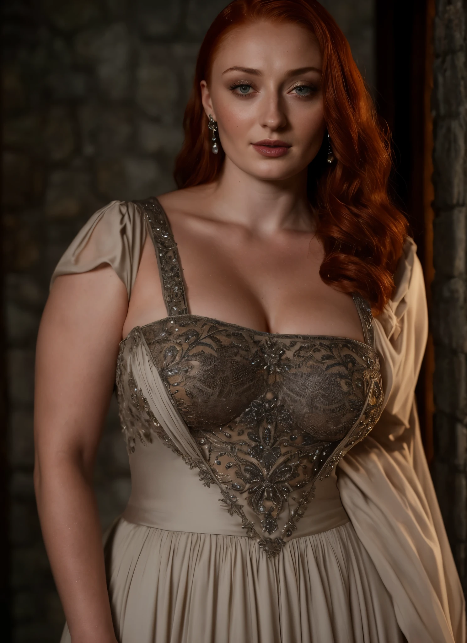 Face of Sophie Turner, Sansa Stark played by Sophie Turner, the de facto Lady of the Eyrie, is a 40-year-old mature queen with a stunning, alluring appearance. Full Face, Full figured woman, pierced eyes, reddish lips, upper body shot, erotic Mediaeval costumes, game of thrones costumes, She wears a Game of Thrones-inspired costume and has a deep cleavage, a perfect thick body, and a perfect thick figure. The photograph captures her in a close-up, with her skin texture and facial features being ultra-realistic and realistic. Juicy thick figure, high quality skin, Skin pores, amazing details, snow, snow flakes, semi realistic, extremely detailed eyes, dark moody orange and black settings, cool environment, artificial intelligence