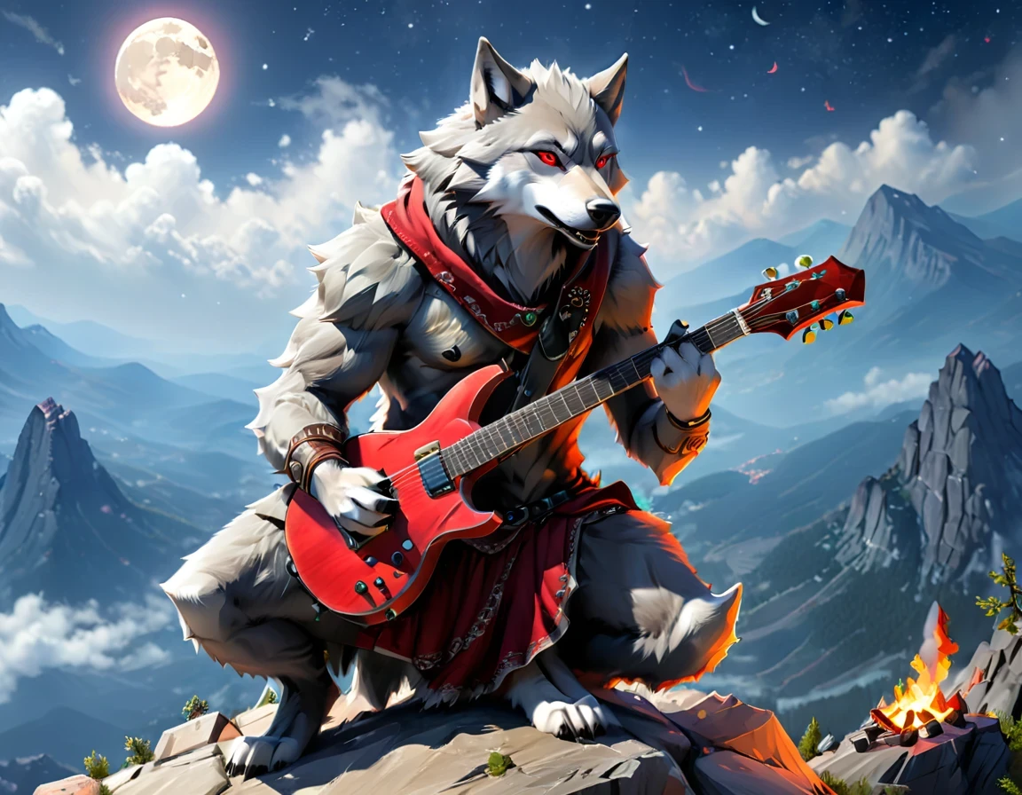 fAntAsy Art, RPG Art, A (wolf Anthromorphic: 1.5) plAying (Aether guitAr: 1.3), he sits on the top of the mountAin At night, strong musculAr(wolf Anthromorphic: 1.5), dynAmic fur color. (紅眼睛: 1.30, weAring (dynAmic clothing: 1.5), plAying (Aether guitAr: 1.3) AetherpunkAi, neAr A cAmp fire, on top of A fAntAsy mountAin , 滿月, stArs, 雲, god rAys, soft nAturAl light, dynAmic Angle, photoreAlism, pAnorAmic view, ultrA best reAlistic, best detAils, 16k, [ultrA detAiled], mAsterpiece, best quAlity, (extremely detAiled), photoreAlism, CinemAtic Hollywood Film style