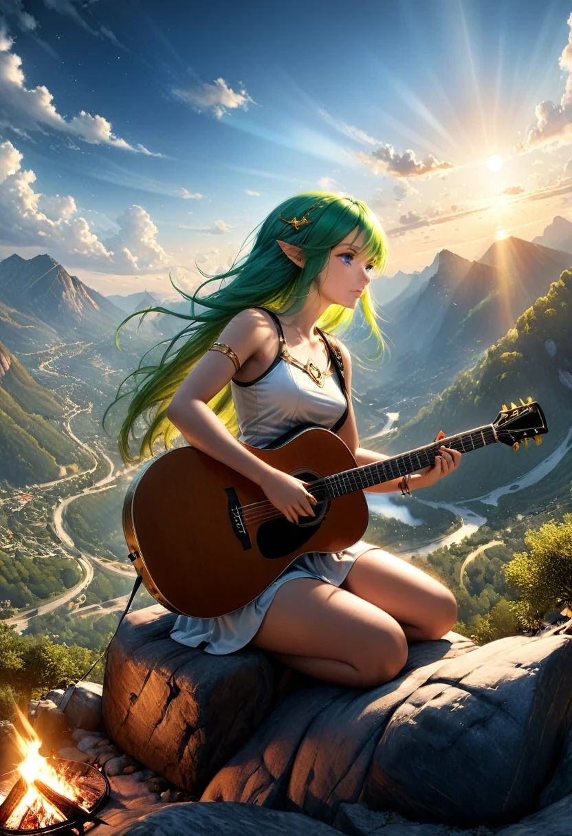 Arte De Fantasía, arte de rol, a female elf jugando (guitarra de éter: 1.3), ella se sienta en la cima de la montaña por la noche, exquisita y hermosa elfa, (Pelo verde: 1.4), pelo largo, (blue eyes: 1.30, usar ropa dinámica, jugando (guitarra de éter: 1.3) AetherpunkAI, cerca de una fogata, en la cima de una montaña de fantasía ,luna, estrellas, nubes, rayos de Dios, luz natural suave, ángulo dinámico, photorealism, Vista panorámica, ultra mejor realista, mejores detalles, 16k, [ultra detallado], obra maestra, mejor calidad, (extremadamente detallado), photorealism, Estilo cinematográfico de Hollywood